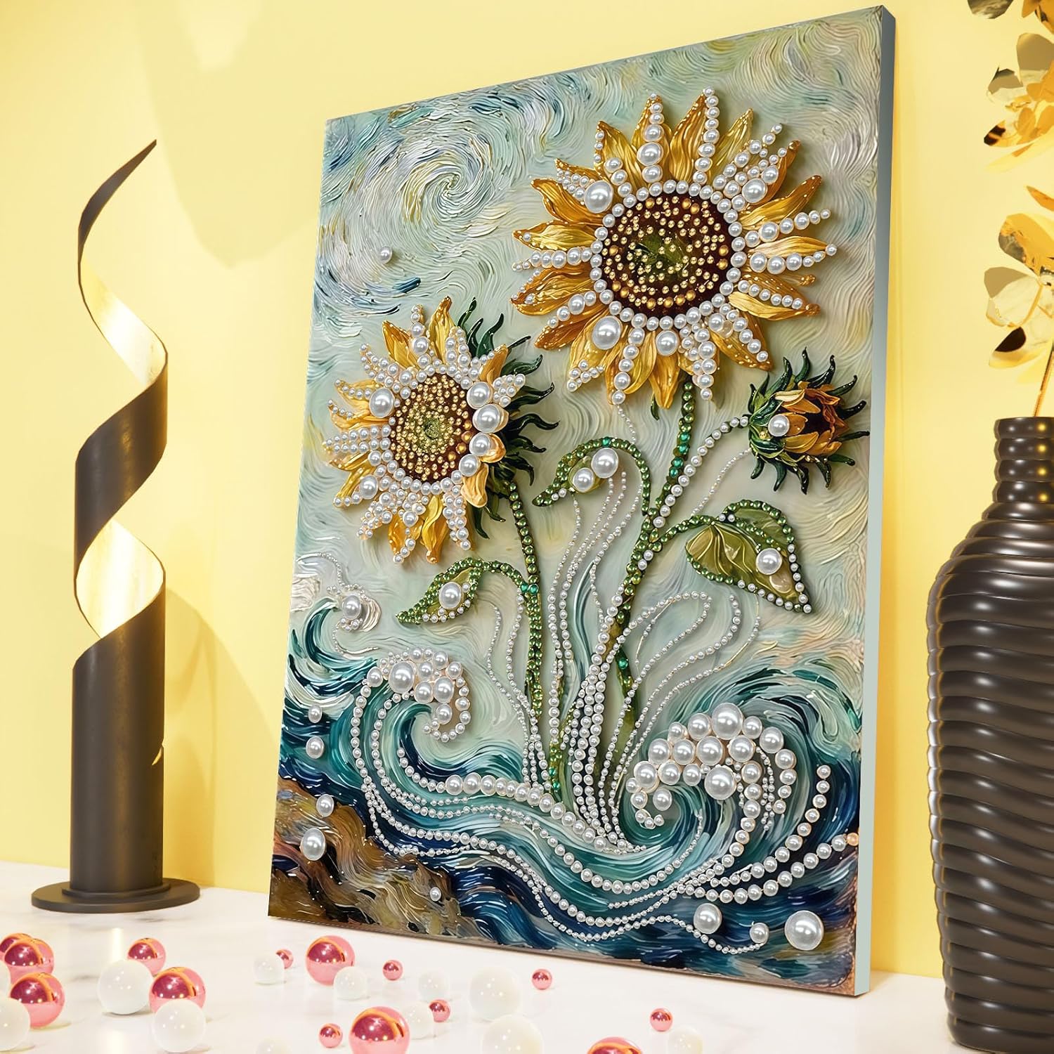 POETRYDRAW DIY Diamond Pearl Painting Kit for Adults Sunflower, Beginner Friendly Craft Kits with Frame 30x40cm, Home Decor Housewarming Gift, Diamond Dots Beads Canvas Art for Wall Decor