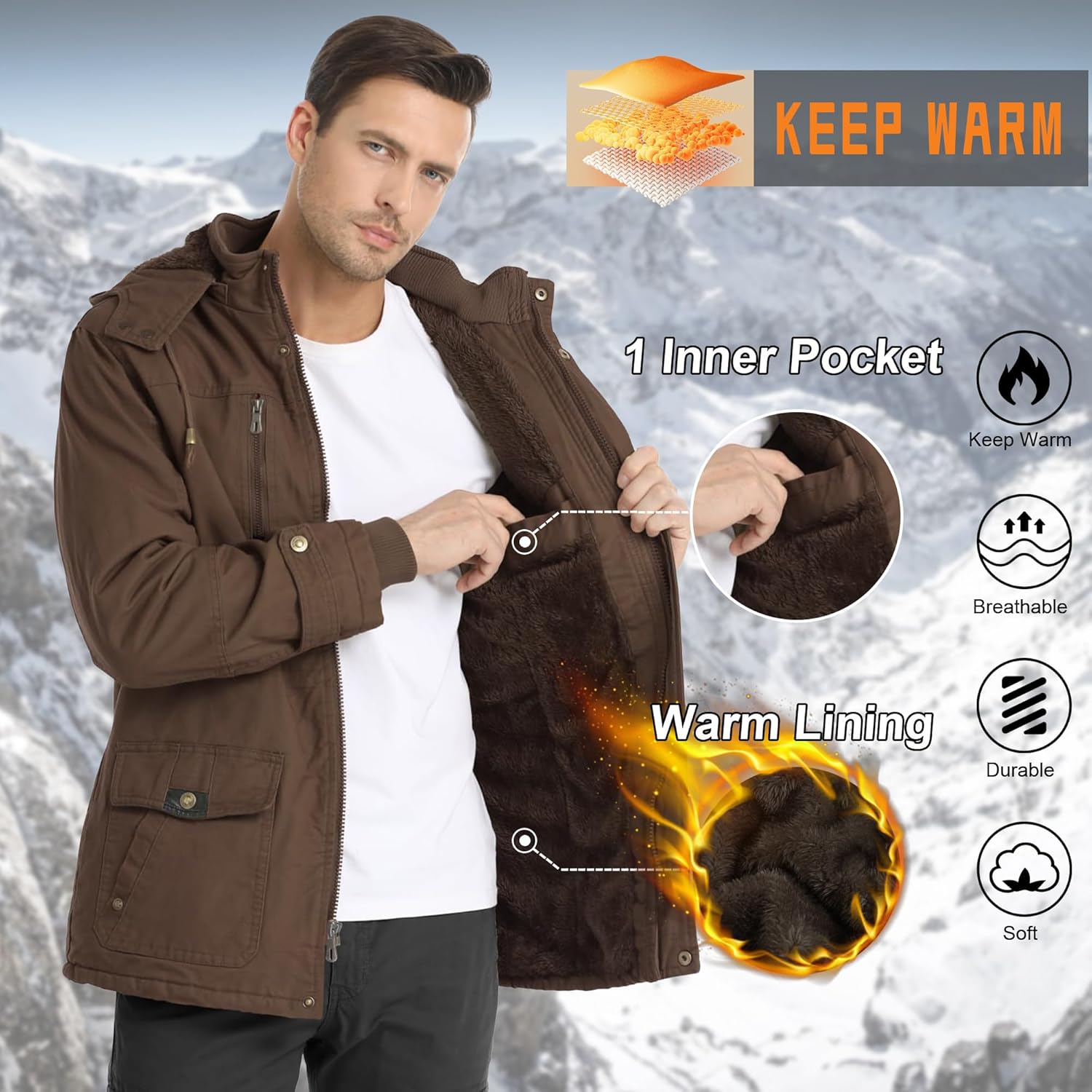 CHEXPEL Men's Thick Winter Jackets with Hood Fleece Lining Cotton Military Jackets Work Coats with Cargo Pockets Outwear - Image 2