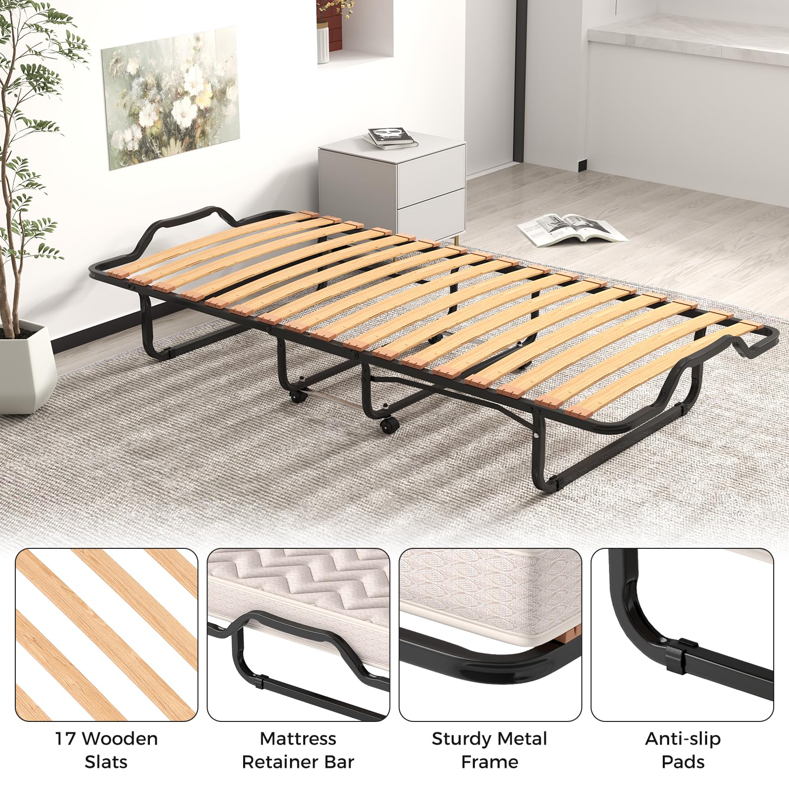 GIANTEX Letto Pieghevole 90x200 cm con Memory Foam, Lettino Pieghevole per Gli Ospiti con 4 Ruote, Sgabello e Bracci, Letto da Viaggio per Adulti, Doppia Sedia a Doghe, Nero e Beige, Made in Italy