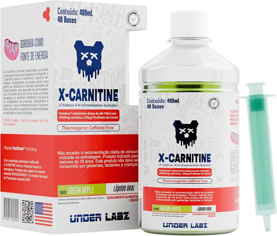 X-Carnitine Lipo Drive | Under Labz | Linha Essentials (480ml)–48 doses | L-Carnitina Líquida, Energia e Foco Metabólico – Suplemento para Definição e Performance Diária (480ml (48doses), Green Apple)