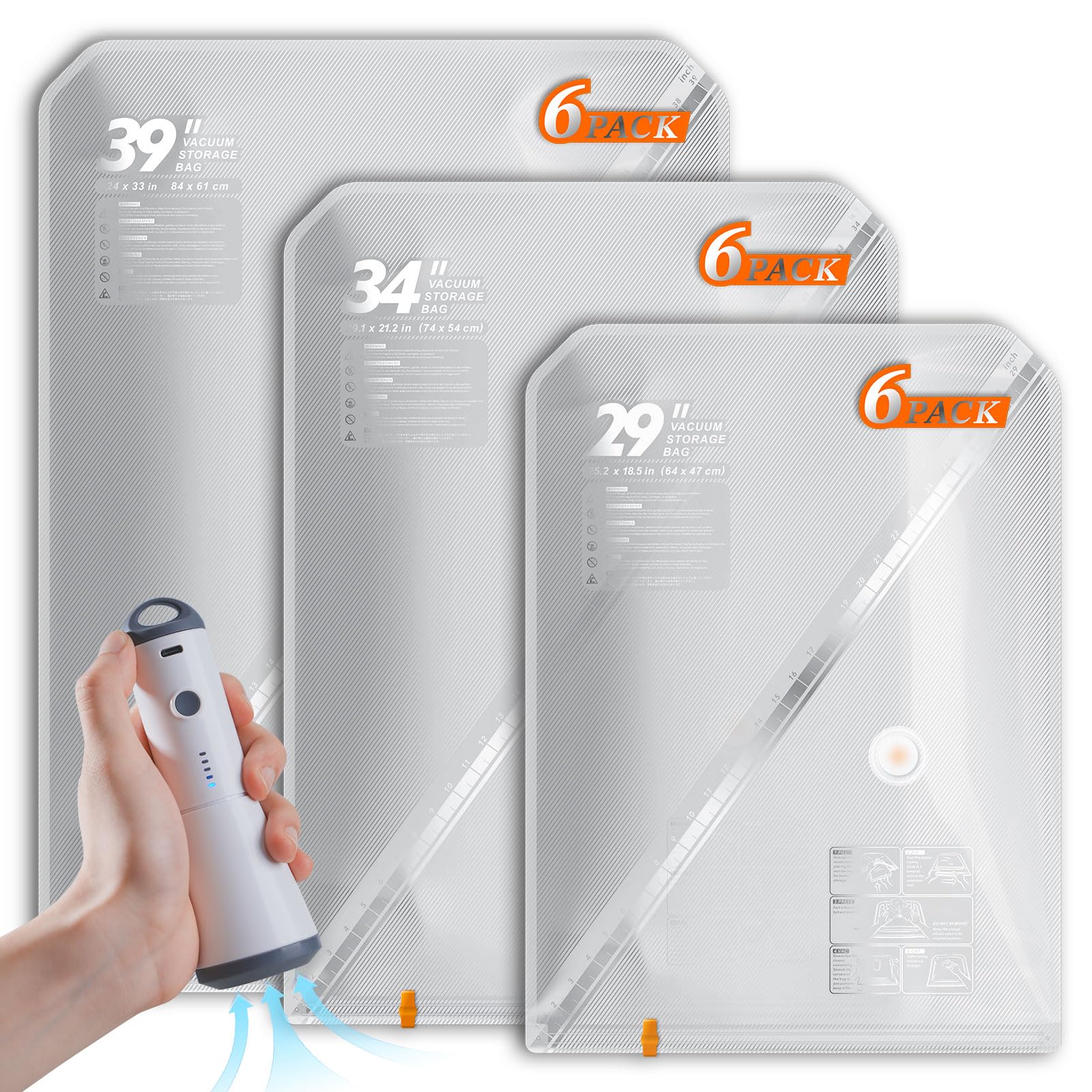Vacuum Seal Bags for Clothing with Rechargeable Cordless Pump, 18 Pack Vacuum Storage Space Saver Bags, Compression Packing Seasonal Storage for Clothes Bedding Blanket Pillows Comforters