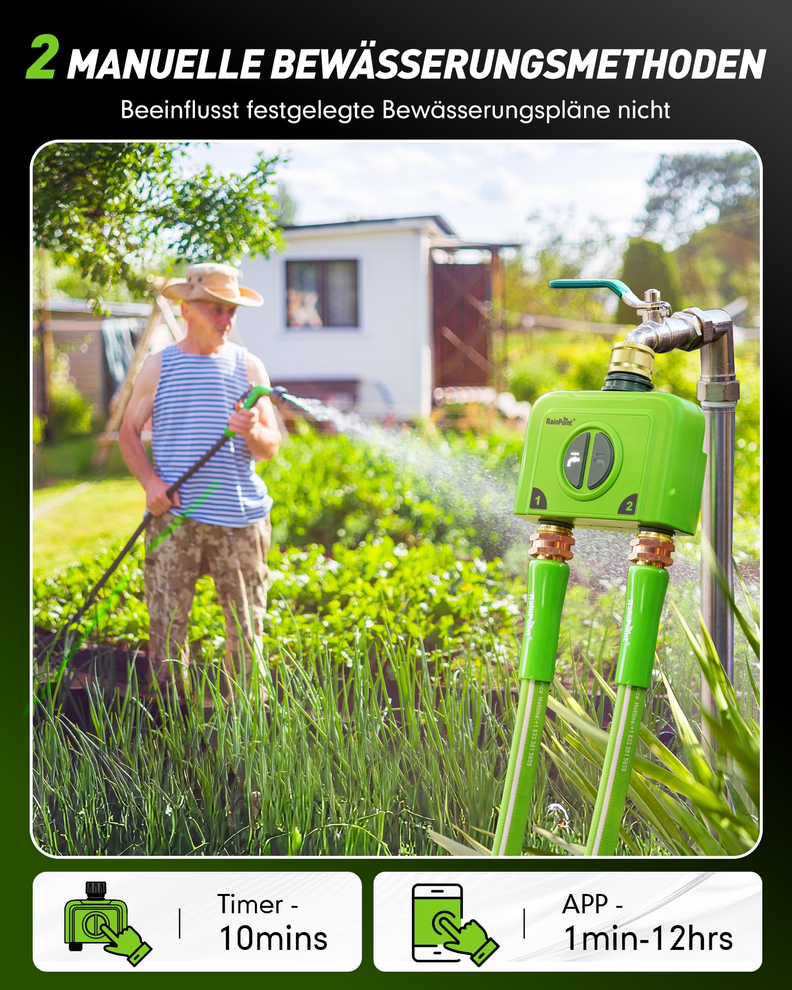 RAINPOINT Bewässerungscomputer WLAN 2 Ausgänge Messing EIN- und Auslass Smart Bewässerungsuhr Garten Auto Bewässerung mit Wetter-/Bodenbasierte, APP/Sprachsteuerung, 2x6 Zeitplänen(Antennen Gateway)