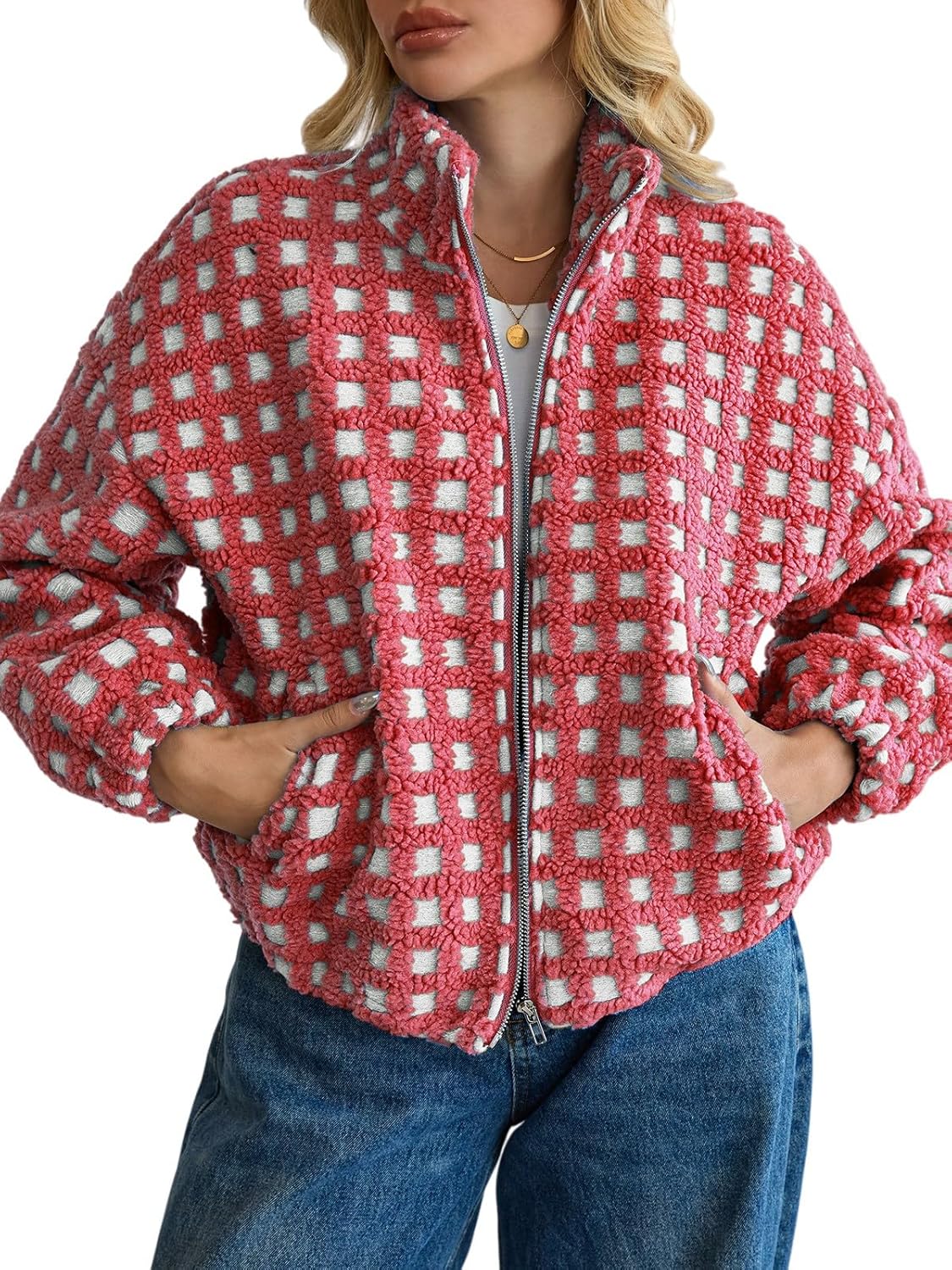 Oymyakon Women Checkered Sherpa Jacket Cropped Long Sleeve Fuzzy Plaid Fleece Coats Casual Zip Up Gingham Outwear