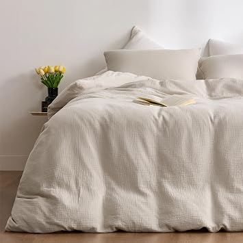 Cream Gray Twin Size Duvet Cover 100% Sandwashed Cotton