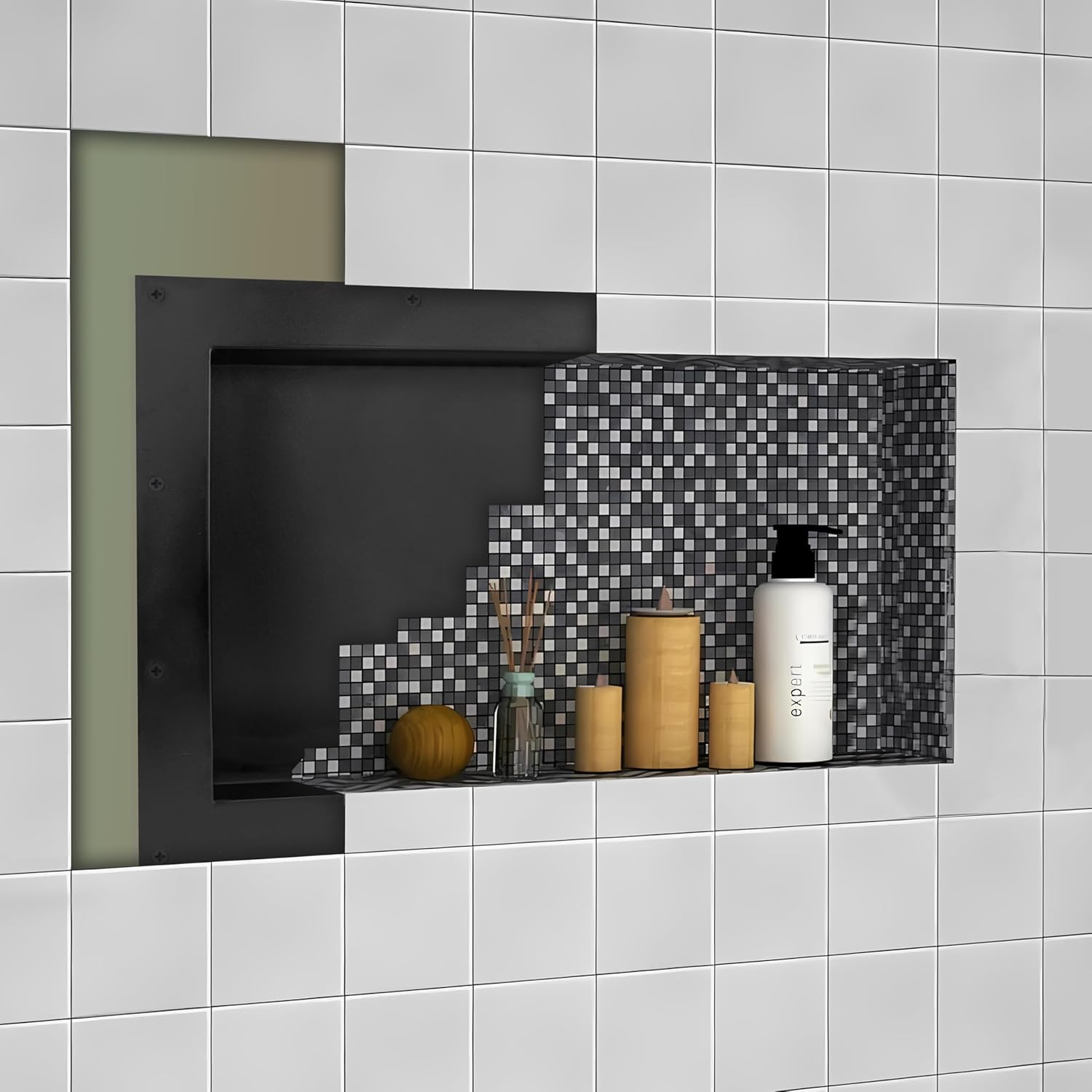 Uni-Green Shower Niche Ready for Tile Flapped Over Shelf Insert 16x28 Shower Organizer for Shampoo & Toiletry Storage Flush Mount