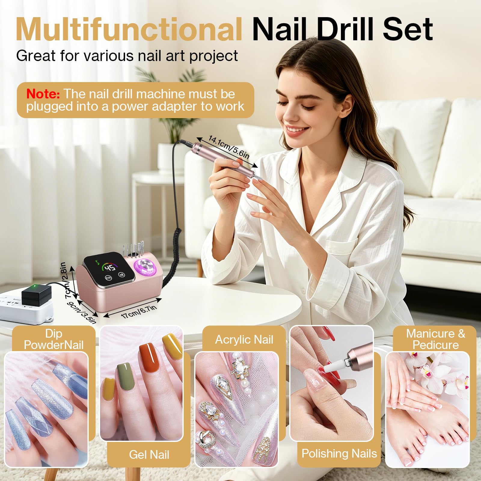 Urbuti Torno para Uñas Profesional 45000 RPM, con 12 Cabezales de Pulido, Pantalla Táctil LCD, Perilla de Cristal, Lima Portátil para Uñas Acrílicas y de Gel (Oro Rosa)
