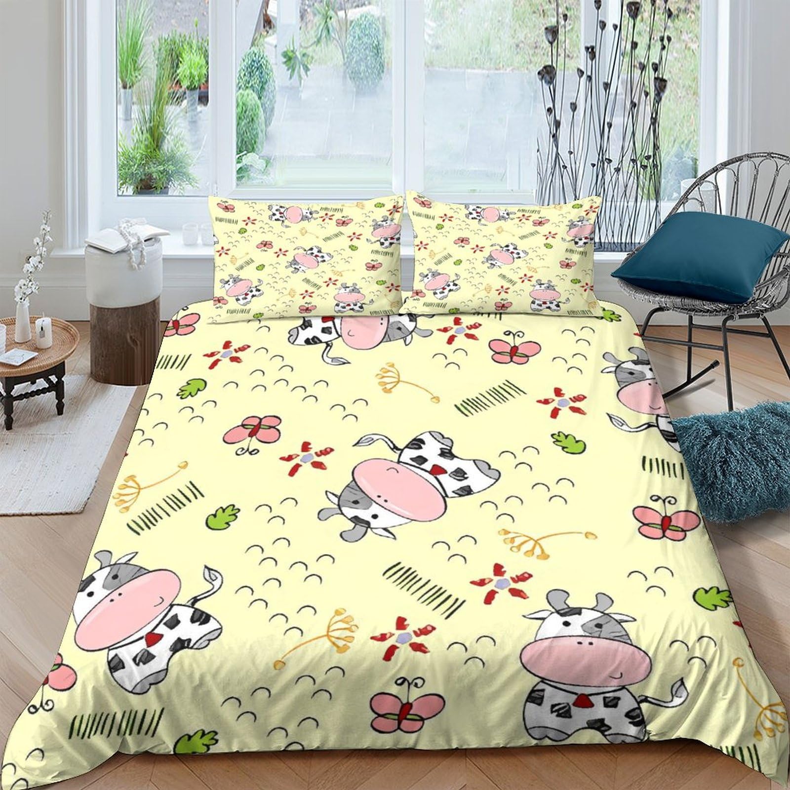 Housse de couette animaux mignons pour chambre d'enfant et adulte lit king 220x240cm à motif vache