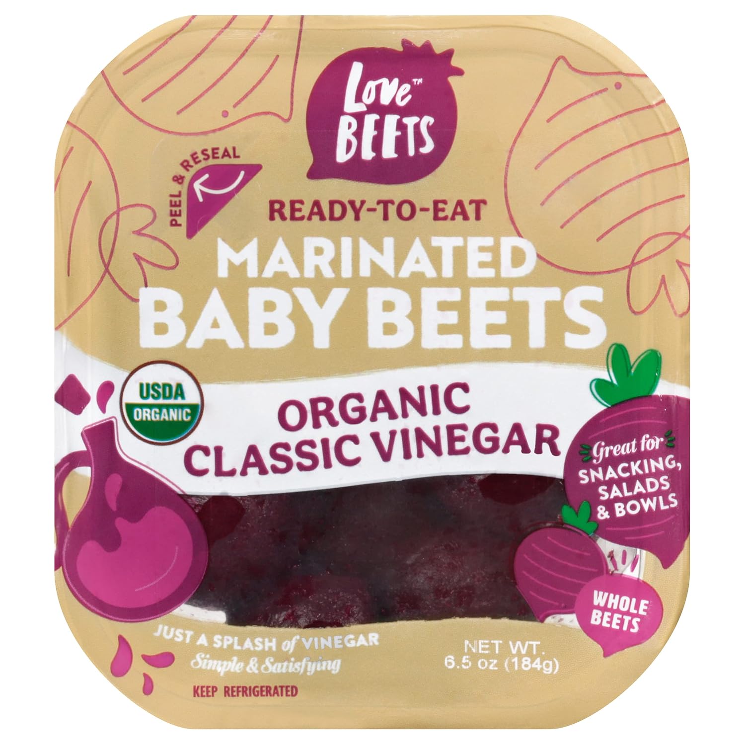 LoveBeets Organic Classic Vinegar - 6.5oz Cooked Beets Infused with White Wine Vinegar, Naturally Sweet Healthy Snack