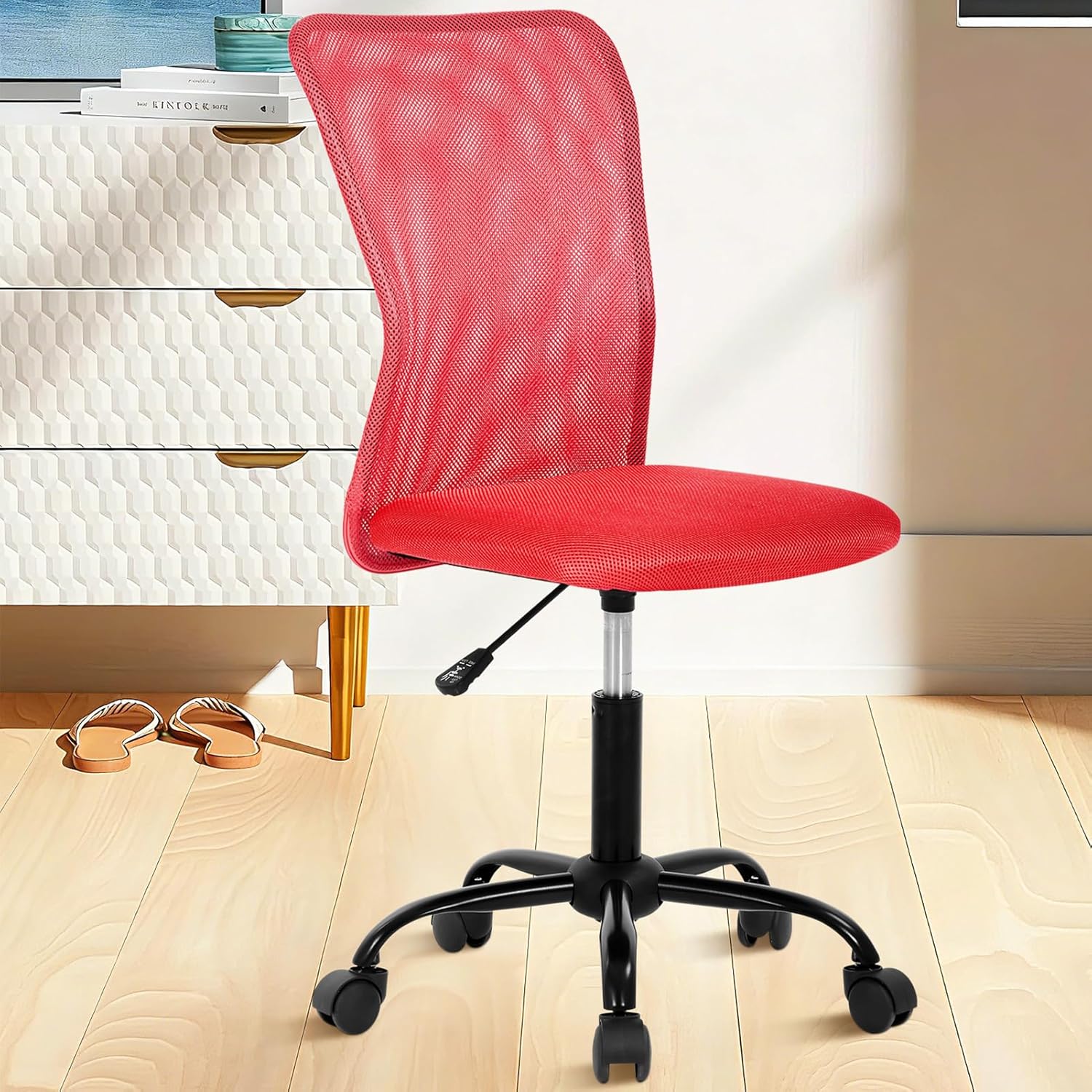 Home Office Chair, Computer Mid Back Mesh Chair, Height Adjustable Small Modern Task Chairs, No Armrest Rolling Swivel Student Desk Chairs with Wheels, Red