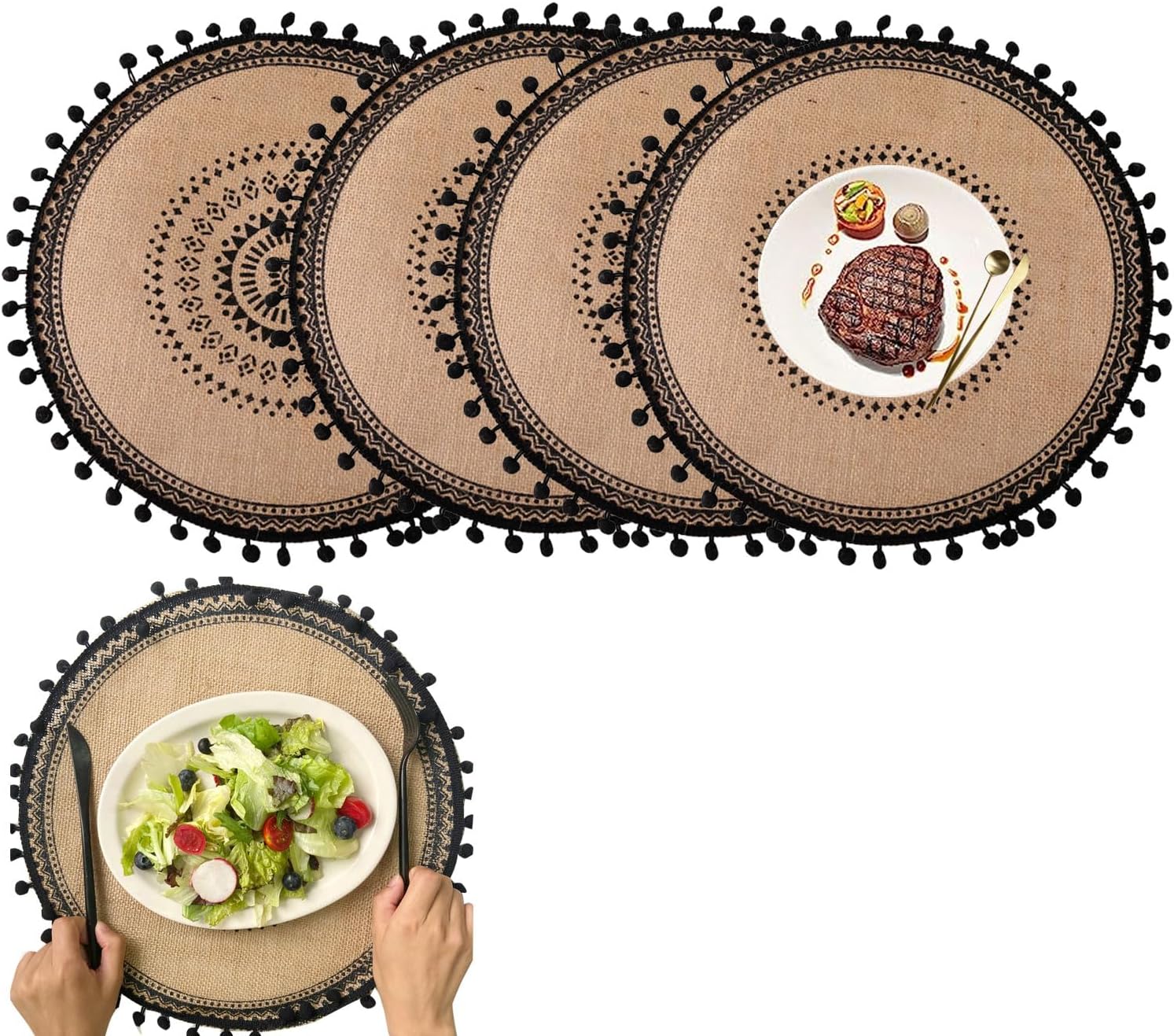 Sunallwell Table Mats Round Washable Placemats and Coasters Sets 4