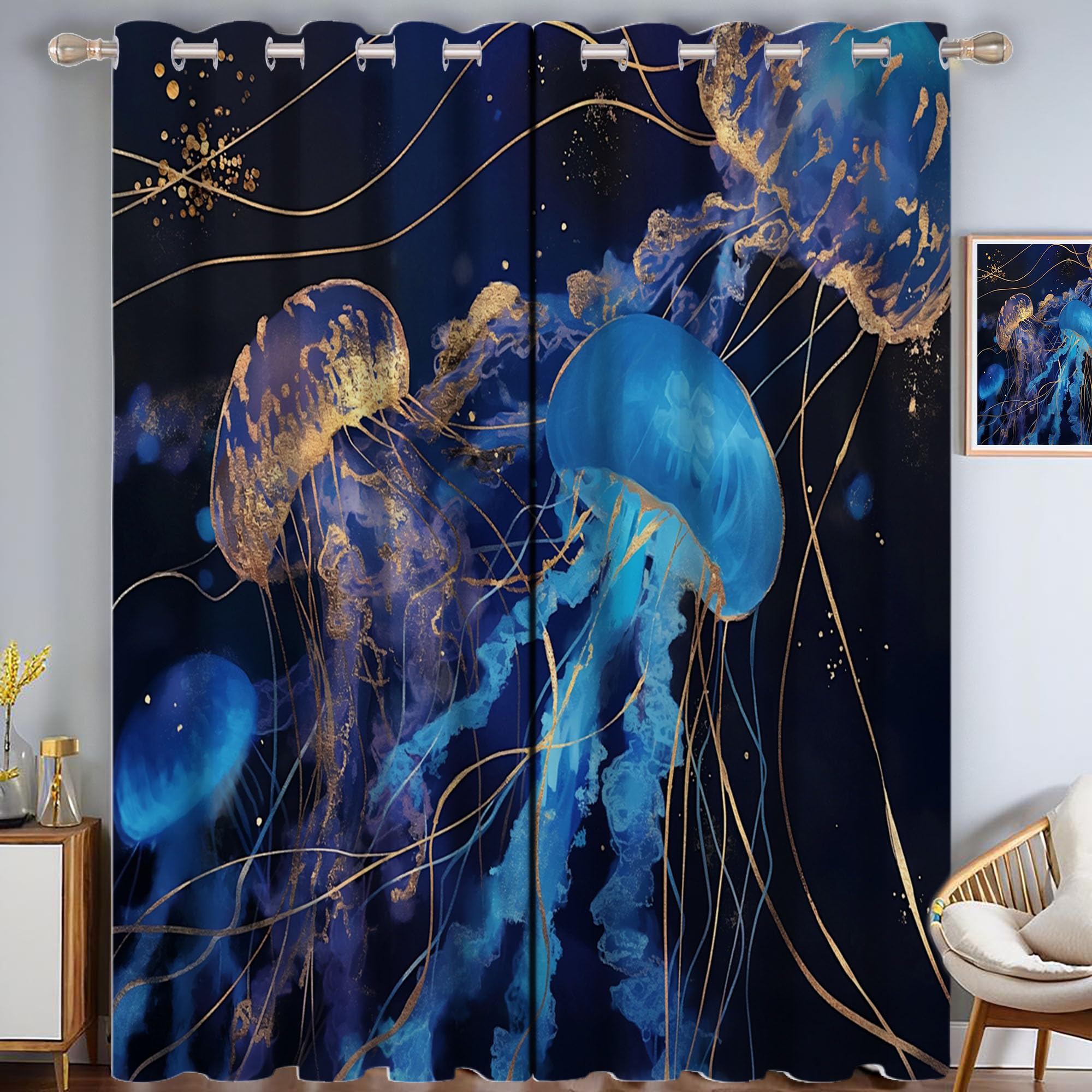 Rideau occultant bleu foncé motif méduses 140x240 cm thermal à oeillets