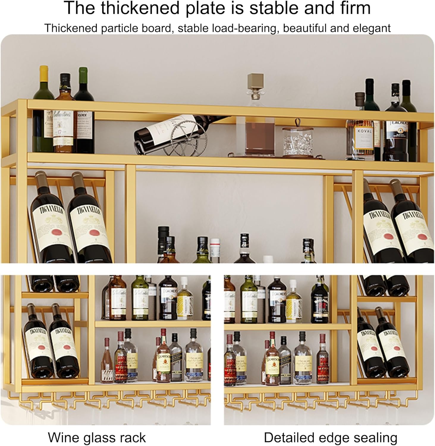 Wine Rack Wall Mounted Bar Shelves Liquor Bottle Display Shelf for Liquor Bottles with Wine Glass Rack Wall Wine Racks for Wine Bottles Kitchen Wall Shelf for Home Bar Dining Room Kitchen(Gold,55.11in