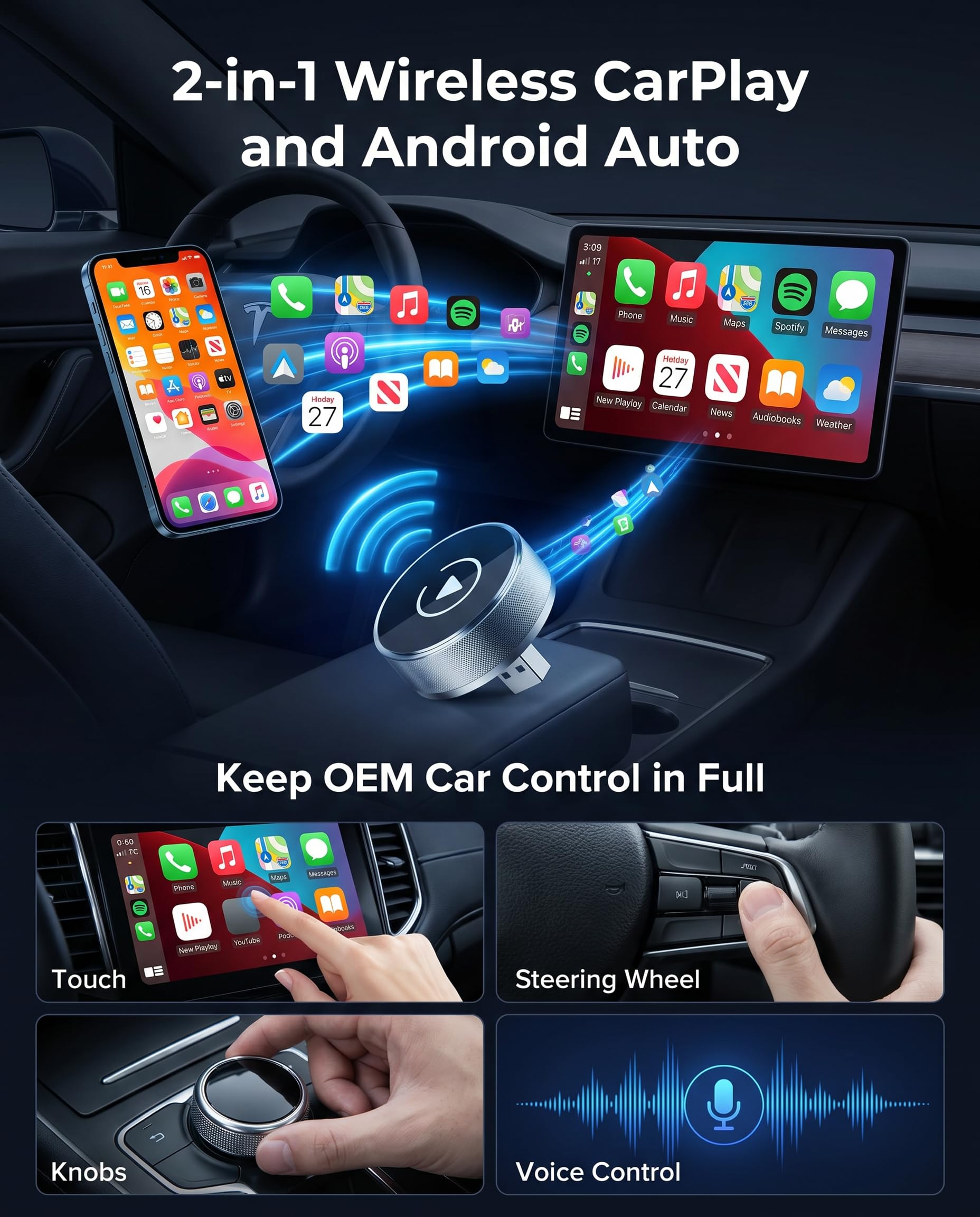 2026 Adattatore Wireless CarPlay & Android Auto, Adattatore 2 in 1 per iPhone e Android, Trasforma CarPlay Cablato in Wireless, WiFi 2,4/5GHz con Connessione Automatica, Plug & Play Senza Latenza
