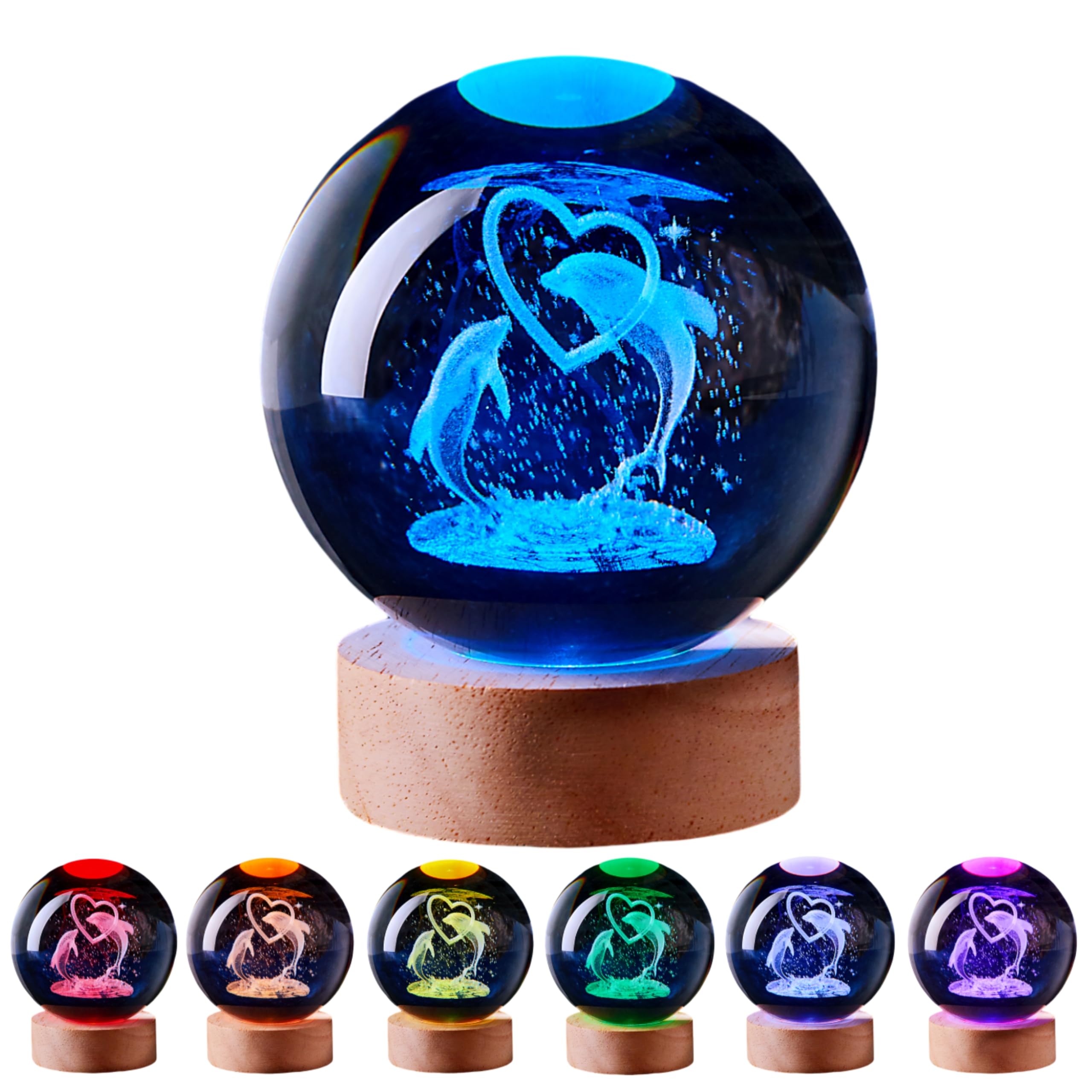 3D Large Dolphin Crystal Ball Night Light with Wooden Base, Dolphins Crystal Lamp Gift for Kids Friends, 16 Color Change with Remote Control, Laser Engraved Underwater World Glass Ball Lamp (Dolphin) — image 1