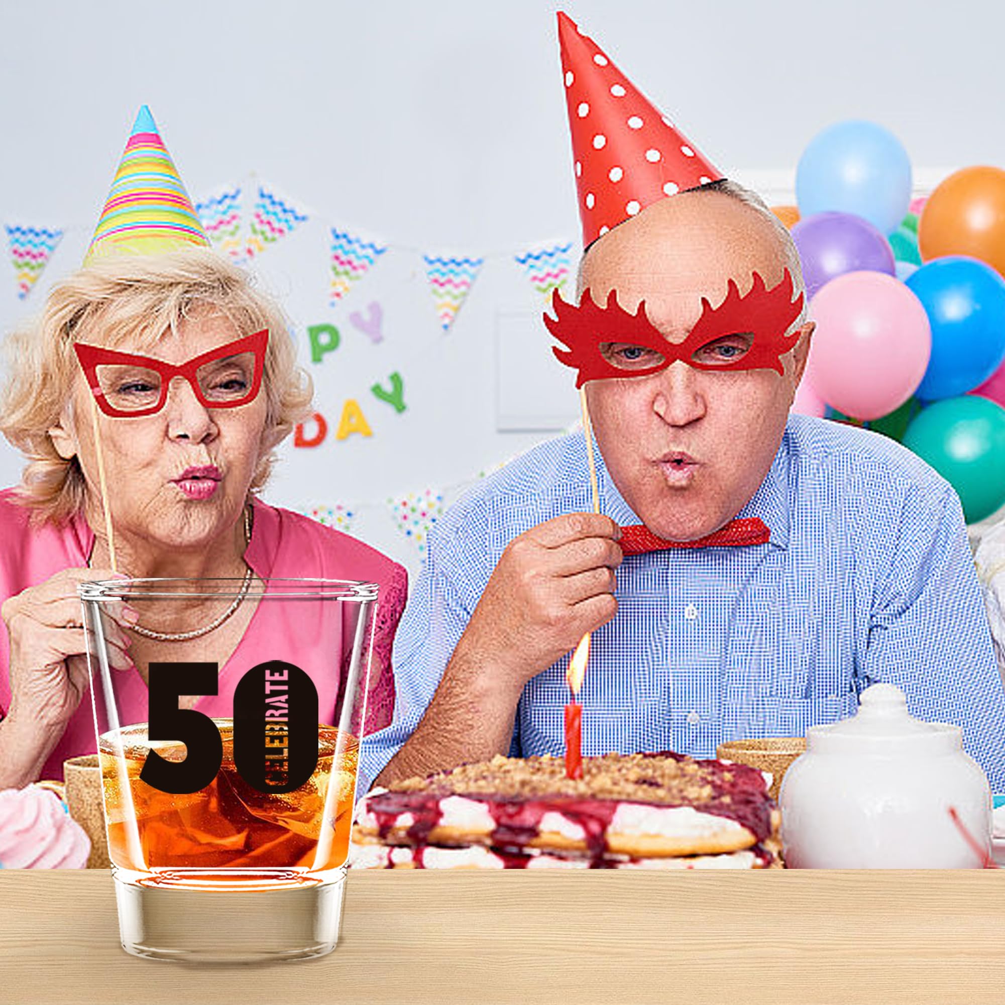 Juego de 6 vasos de chupito de 50 cumpleaños, 1.5 onzas, 50 vasos de chupito transparentes con base pesada, decoraciones de cumpleaños para mujeres, hombres, regalos divertidos de cumpleaños
