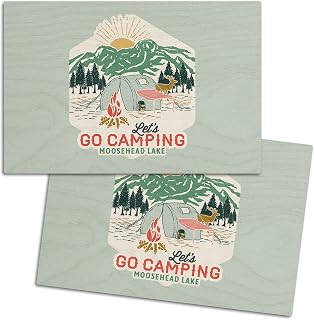 Moosehead Lake, Let's Go Camping, Camping Scene, (4x6 Birch Wood Postcards, 2-Pack Stationary, Rustic Home Wall Decor)