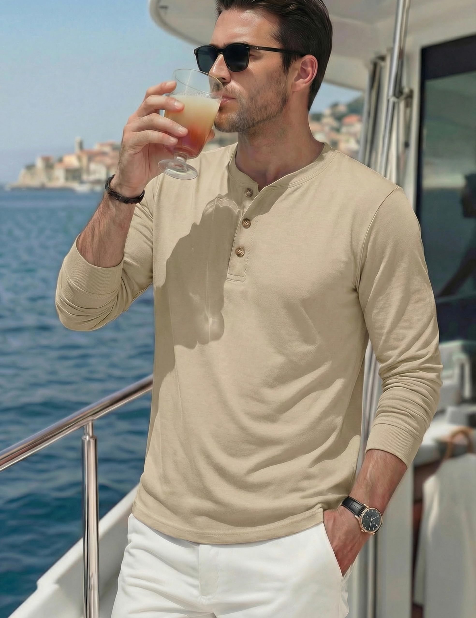 TACVASEN Tshirt Uomo Cotone Maglietta Uomo Manica Lunga Maglia Henley Camicia Elegante Base con Sfilo a Bottoni Taglio Regular Camicia Casual