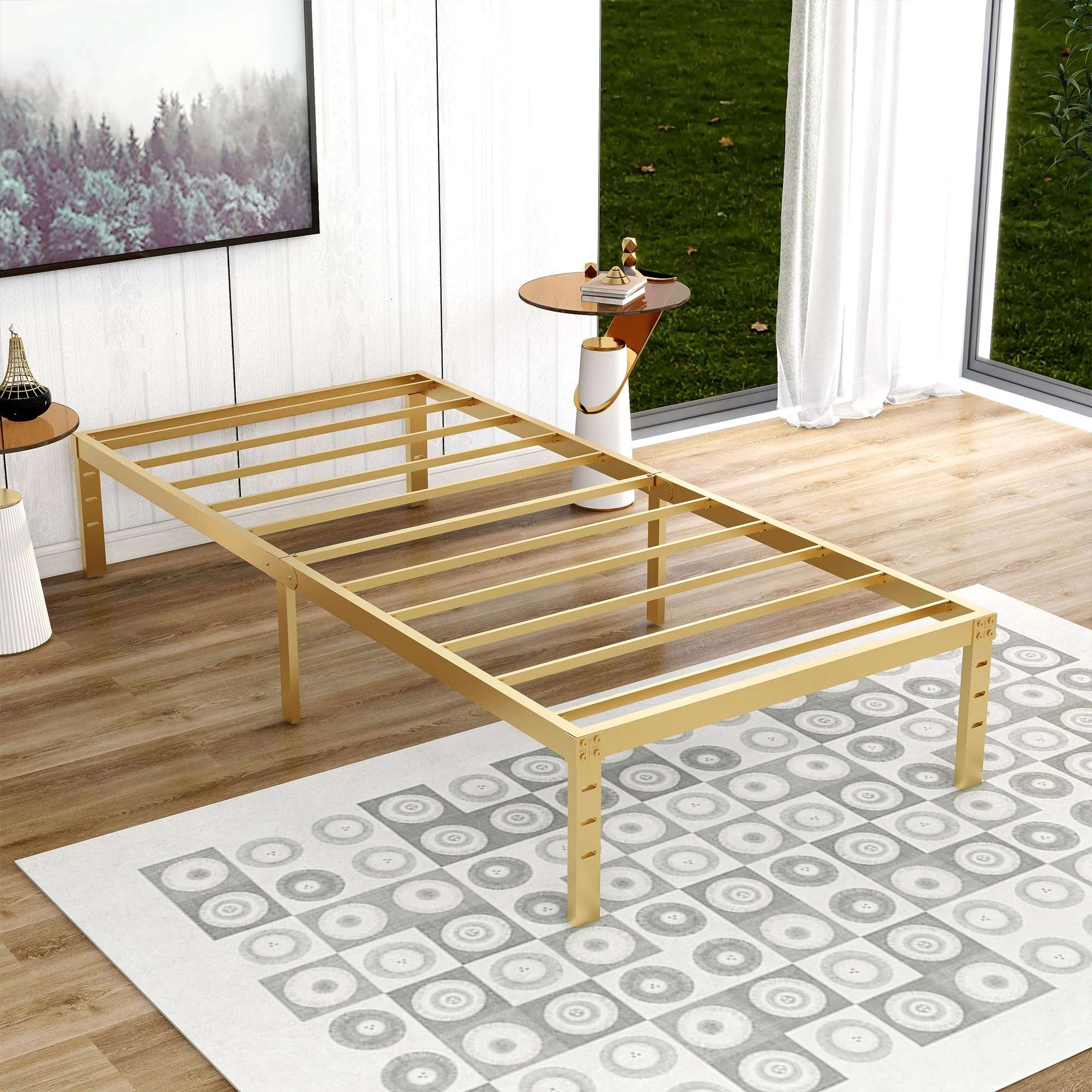alazyhome Twin Size Bed Frame 14 Inch Metal Platform Bed Frame Heavy Duty  Steel Slats Support No Box Spring Needed Noise-Free Easy Assembly Gold