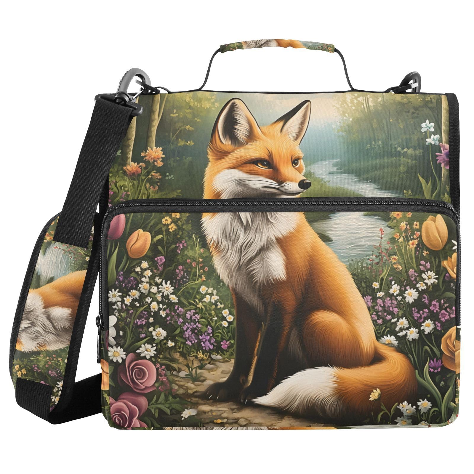 Zipper Binder 3 Ring Fox with Flowers Binder with Shoulder Strap 500 Sheet Capacity Storage Organizer File Folder