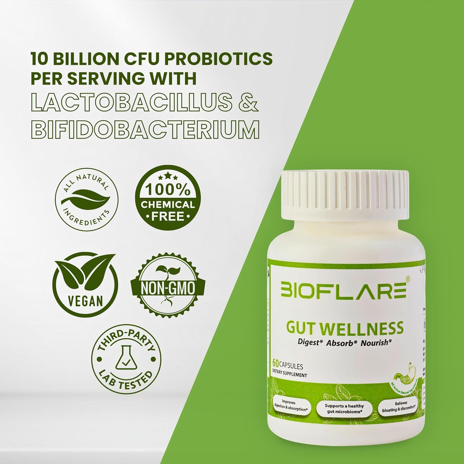 Gut Wellness, Women’s Probiotics & Mens Probiotics for Gut Health, High Potency Probiotic and Prebiotic for Women & Men with Digestive Enzymes, 10 Billion CFU per 200MG, 60 Vegan Capsules - Image 5