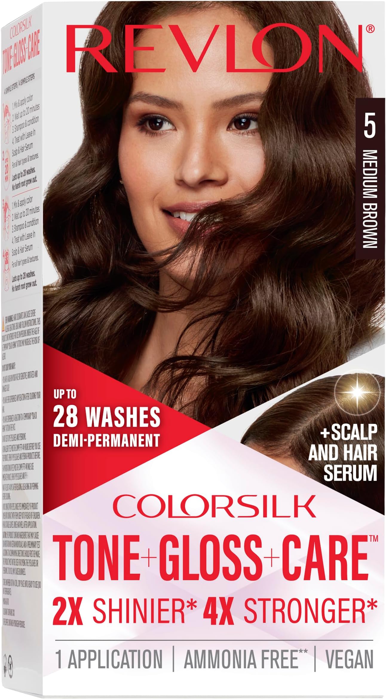 ColorSilk Tone + Gloss + Care Demi Permanent Hair Color, Dye Kit with Leave-In Scalp and Haircare Serum, 2x Shinier, 4x Stronger, 5 Medium Brown, 4.5 fl oz