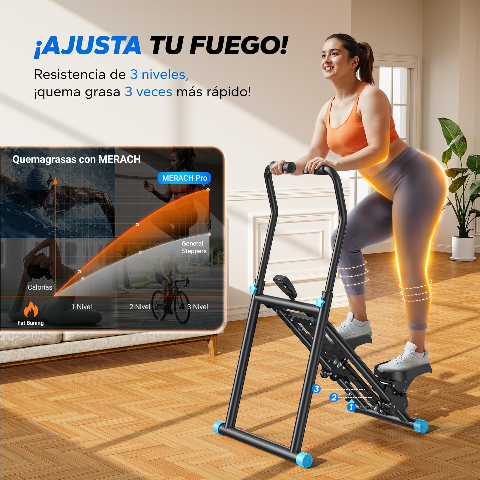 MERACH 2026 Stair Stepper Pro, Stairmaster para el hogar con Resistencia Ajustable en 3 Niveles, Plegable Cardio Vertical escaleras con Manillar Ajustable para el hogar, la Oficina o el Gimnasio