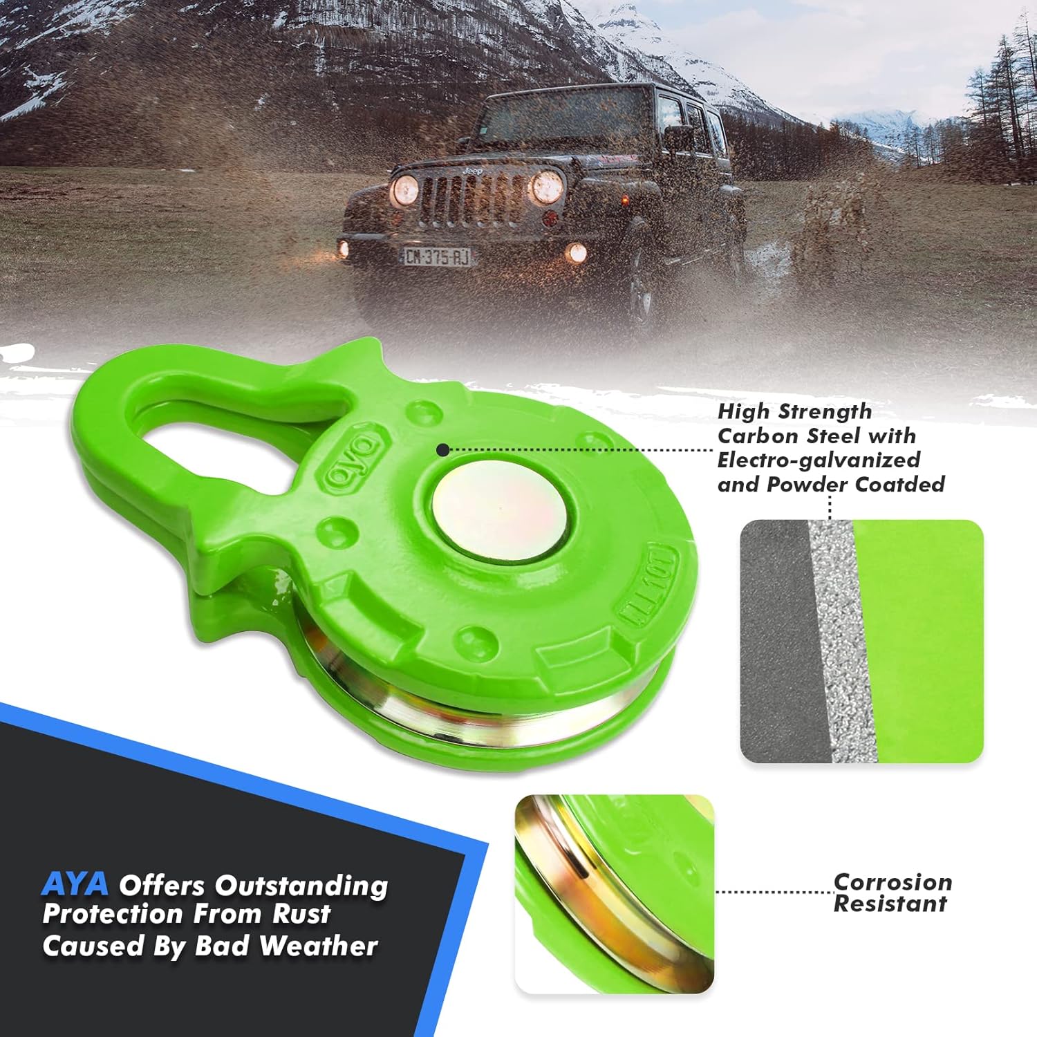 Multi-Function Premium Snatch Blocks 66,000 lbs (30Ton) Break Strength | Heave Duty Vehicle Recovery Gear, for Steel Wire Cable or Synthetic Rope and Soft Shackles(Green)