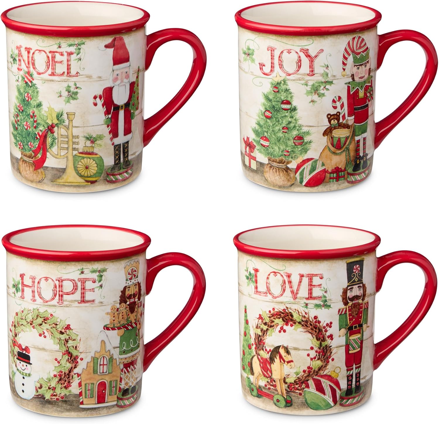 Nutcracker Parade Holiday Mugs Set of 4 – 18 oz Ceramic Christmas Mugs with Santa, Toy Soldier & Holiday Scenes for Cocoa, Coffee & Winter Entertaining