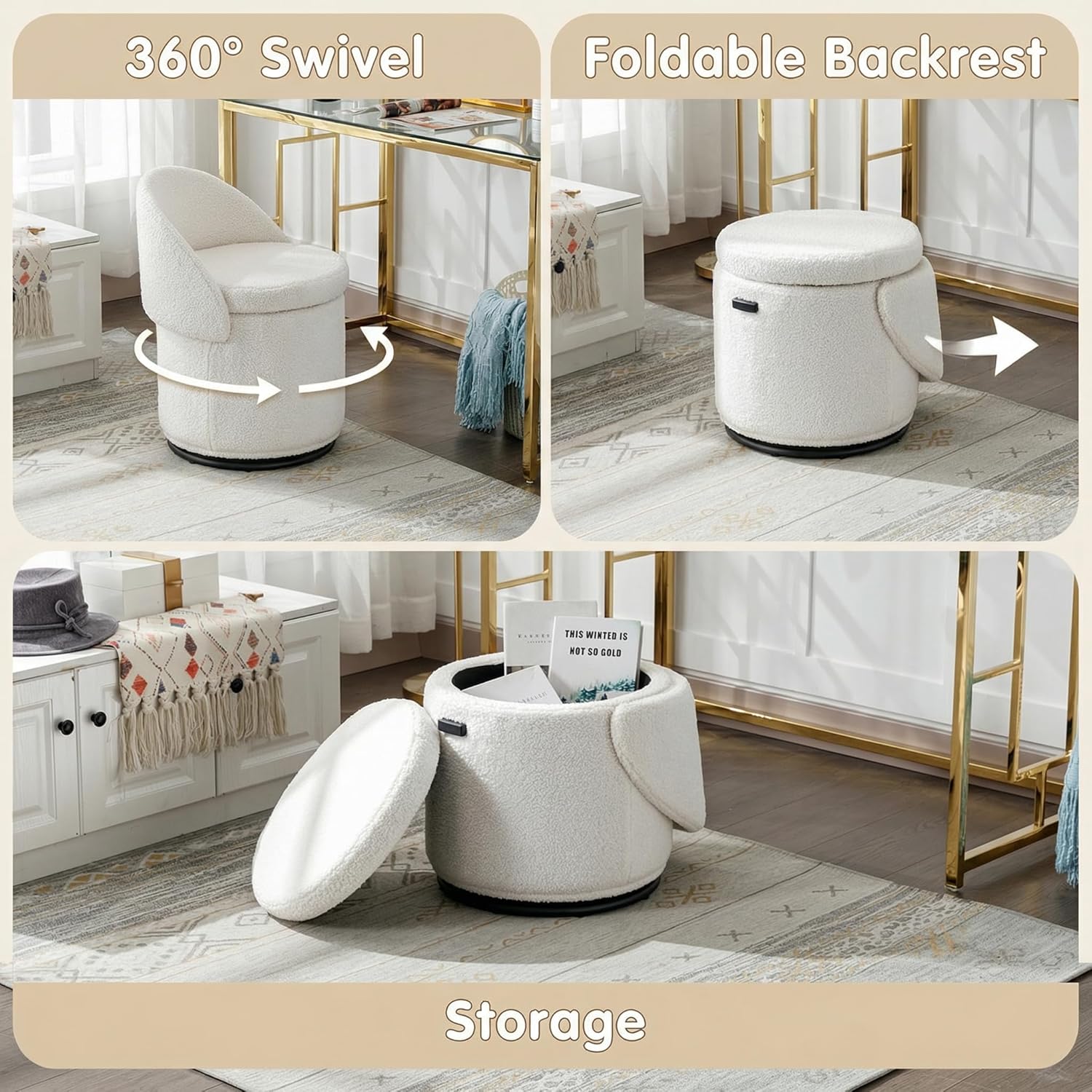 LukeAlon Sherpa Makeup Ottoman with Storage, Upholstered 360° Swivel Vanity Stool with Foldable Backrest Modern Cylindrical Footrest Stool for Living Room Bedroom, White
