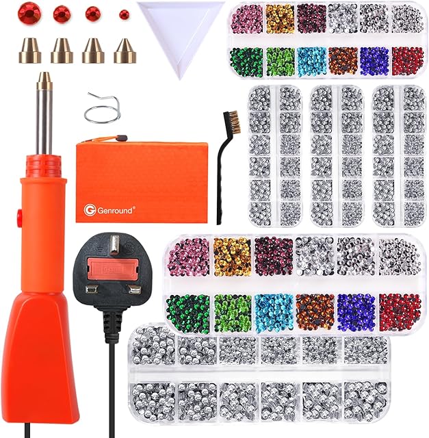 Genround Hotfix Applicator Tool, Suction Iron-on Hotfix Rhinestone Applicator Wand Tool Set with 6 Boxes of Flat Back Gems Round Crystal Bedazzler Kit Jewel Hot Fix Applicator for Clothes