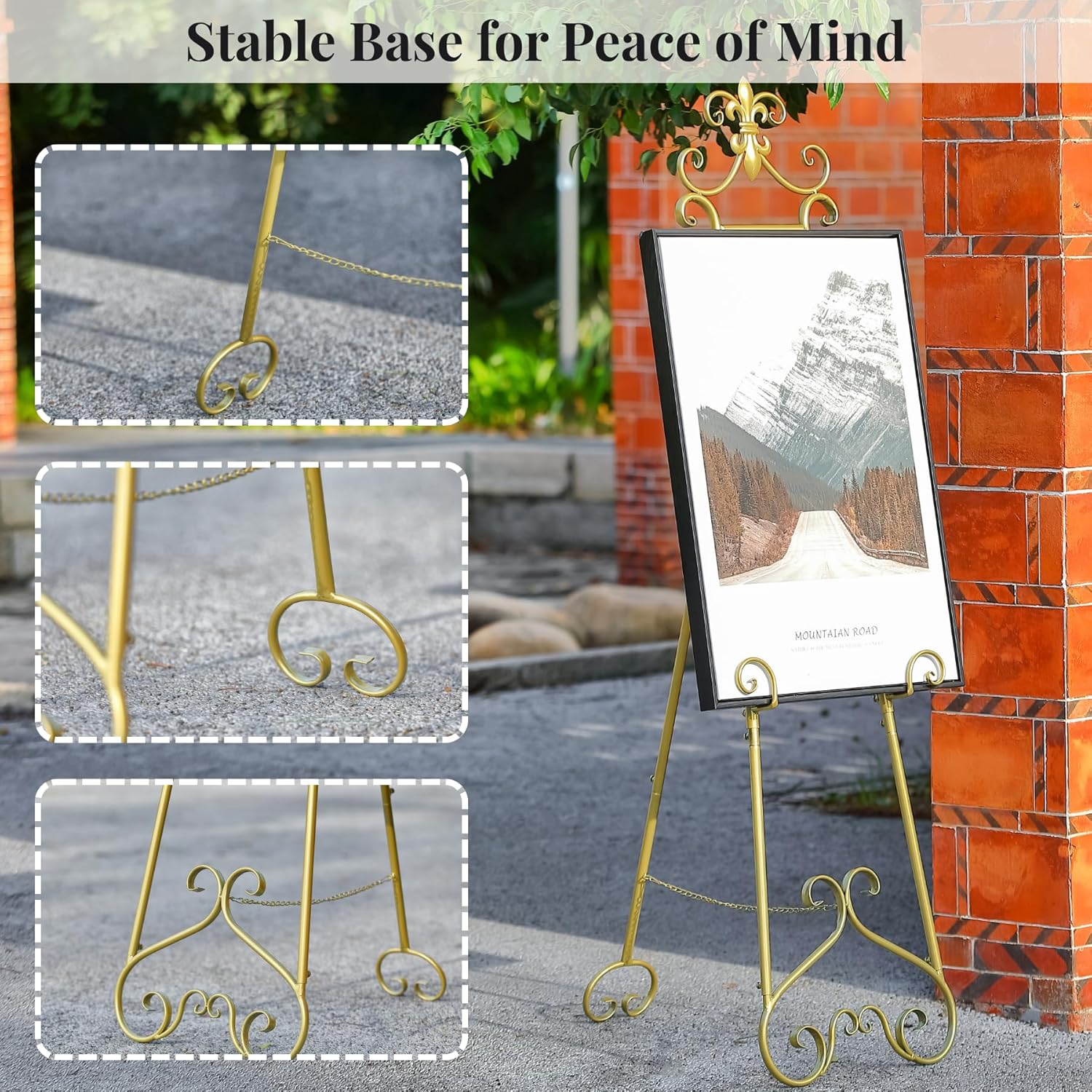 60” H Gold Easel Stand for Sign, Large Adjustable Metal Display Standing for Displaying Pictures Wedding Poster Holder Showcasing with Chain Support