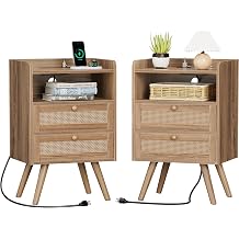 SUPERJARE 2 Drawer Night Stand with Charger Station, Boho Rattan Nightstand, Set of 2 25.2" Height, Bedside Table with Solid Wood Legs, End Table Open Storage, Synthetic Rattan, Walnut