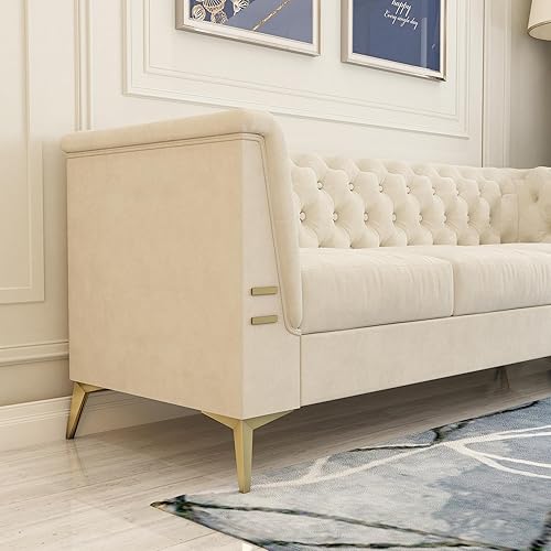 Miniatura 6 de Sofá de terciopelo moderno de mediados de siglo con patas de metal dorado, sofá Chesterfield de 3 plazas para sala de estar, dormitorio,