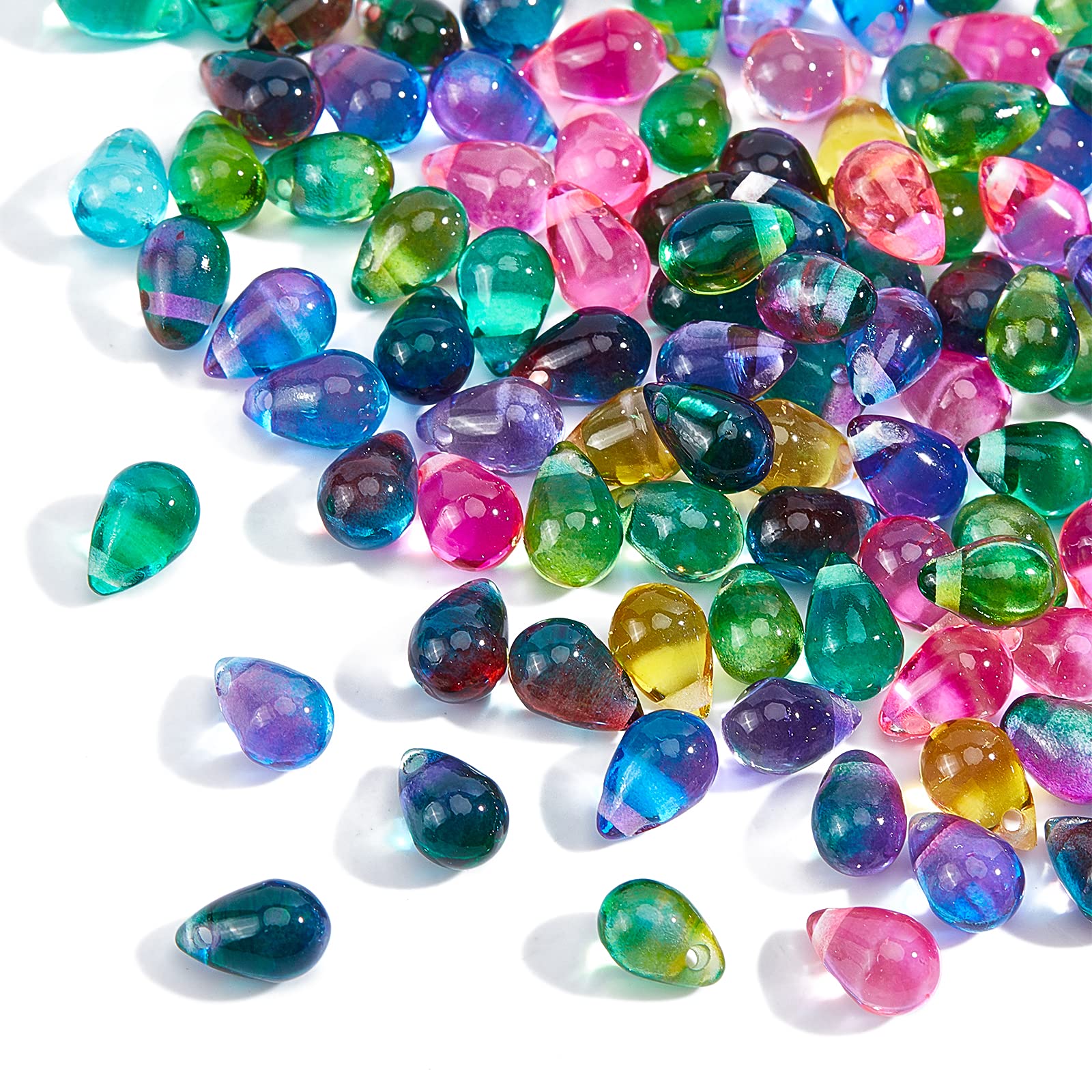 AHANDMAKER Teardrops Glass Pendants, 100 Pcs 9x6mm Teardrop Mixed Color Glass Beads with 1mm Hole for Valentine's Day DIY Necklace Earrings Jewelry Making