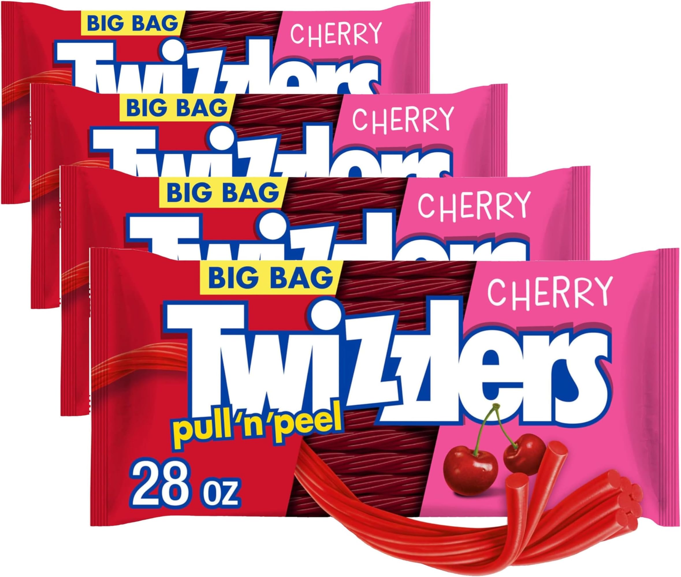 TWIZZLERS PULL 'N' PEEL Cherry Flavored Licorice Style, Chewy Candy Big Bag, 28 oz (Pack of 4)