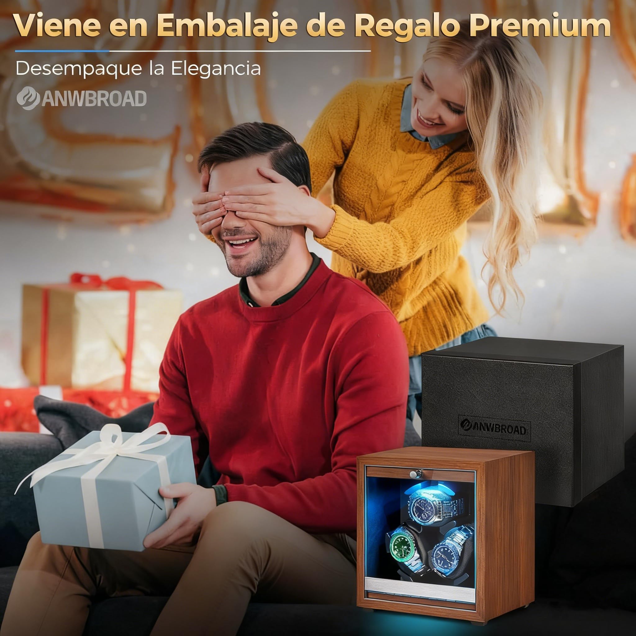 ANWBROAD Caja Relojes Automáticos para 3 Relojes Watch Winder 4 Modos de Rotación con LED y Motor Rotador Mabuchi Supersilencioso Giratoria de Regalo JWW013M