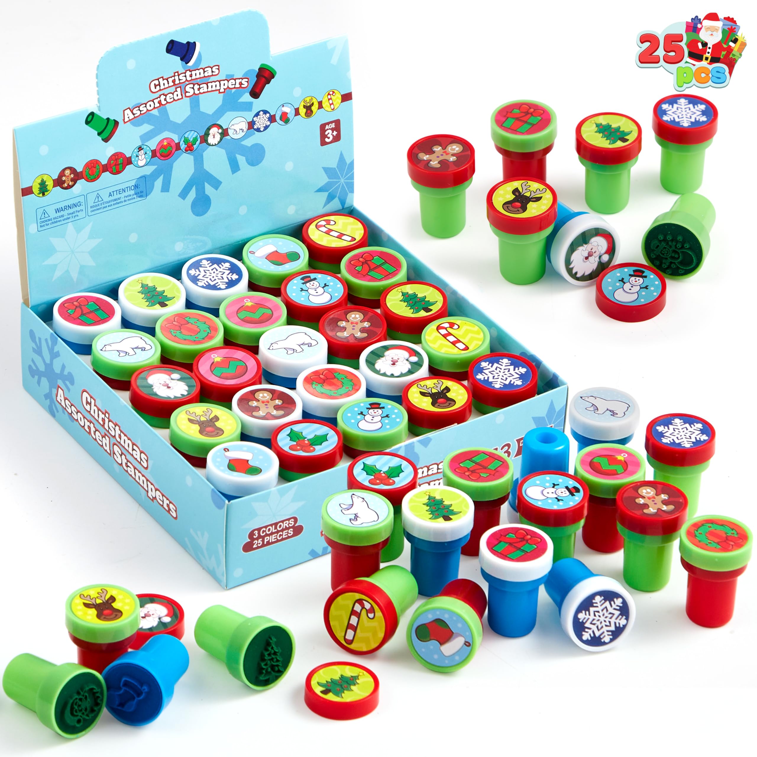 Joyin Red, Green, Yellow, Blue 25 Pcs Christmas Rubber Stamps For Kids Gift, Xmas Self Ink Assorted Stampers Party Favor, Kids Stamp Bulk For Goodie Bags Fillers Stocking Stuffers Classroom Supplies Carnival Prizes