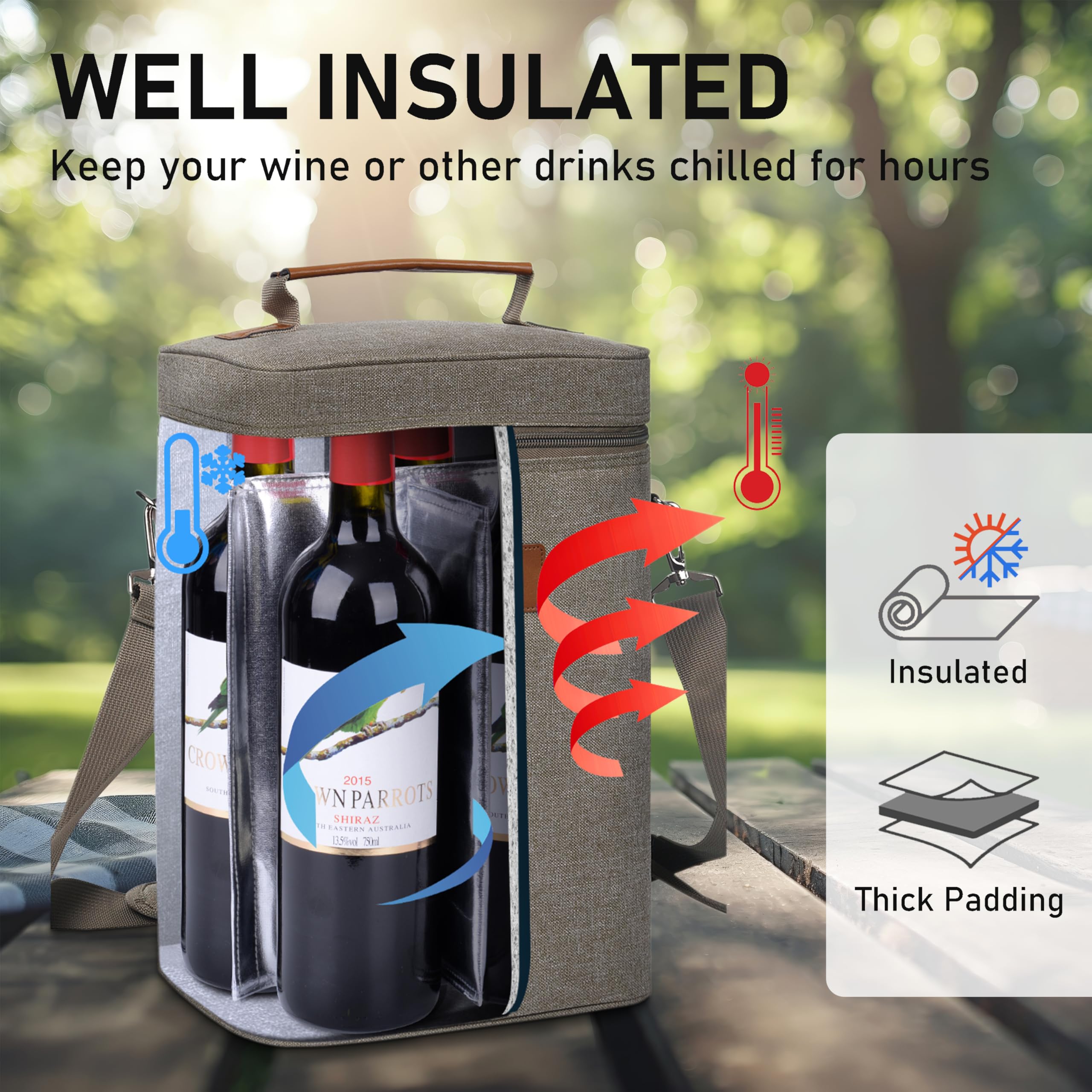 Kato Tirrinia Sac isotherme à vin, fourre-tout isotherme à 2 bouteilles avec bandoulière réglable + tire-bouchon gratuit, pique-nique, camping et plage, grand cadeau pour les amateurs de vin