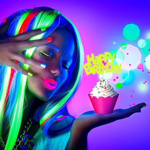Miniatura 4 de 40 piezas que brillan en la oscuridad, decoraciones de neón para cupcakes que brillan en la oscuridad, suministros de fiesta de neón para cupcakes