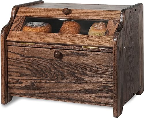 Miniatura 8 de CONSDAN Panera de madera maciza de roble para encimera de cocina, contenedor de pan de doble capa para almacenamiento de pan, caja de pan de gran