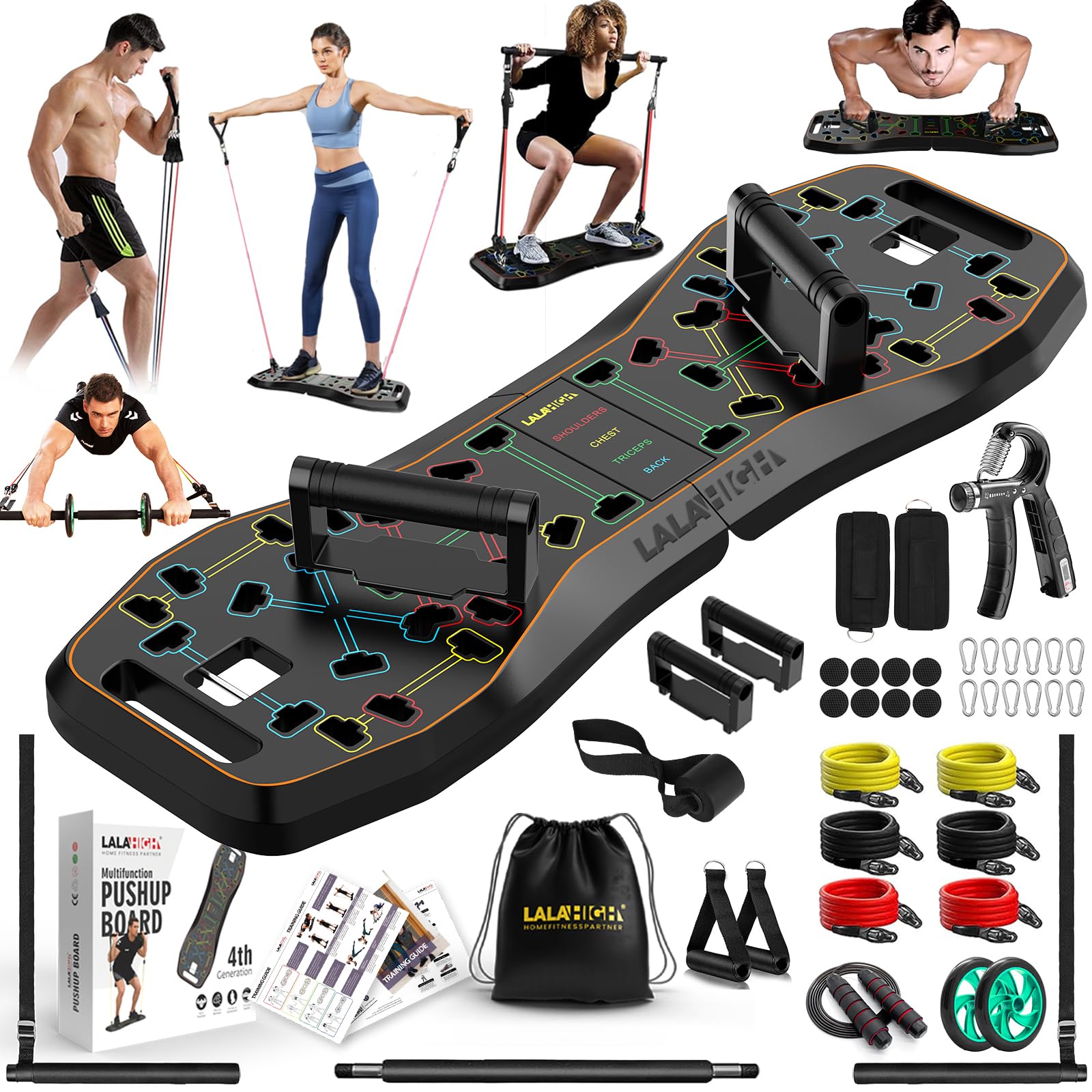 LALAHIGH Push Up Board,36 in 1 Home Gym Equipment with Ab Roller Wheel & Resistance Bands, Portable Foldable Workout Board for Full Body Strength Training Men Women