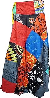 Mogul Interior Womens Wrap Around Skirts, Cotton Skirts, Red Blue Patchwork Boho Midi Skirt, One Size