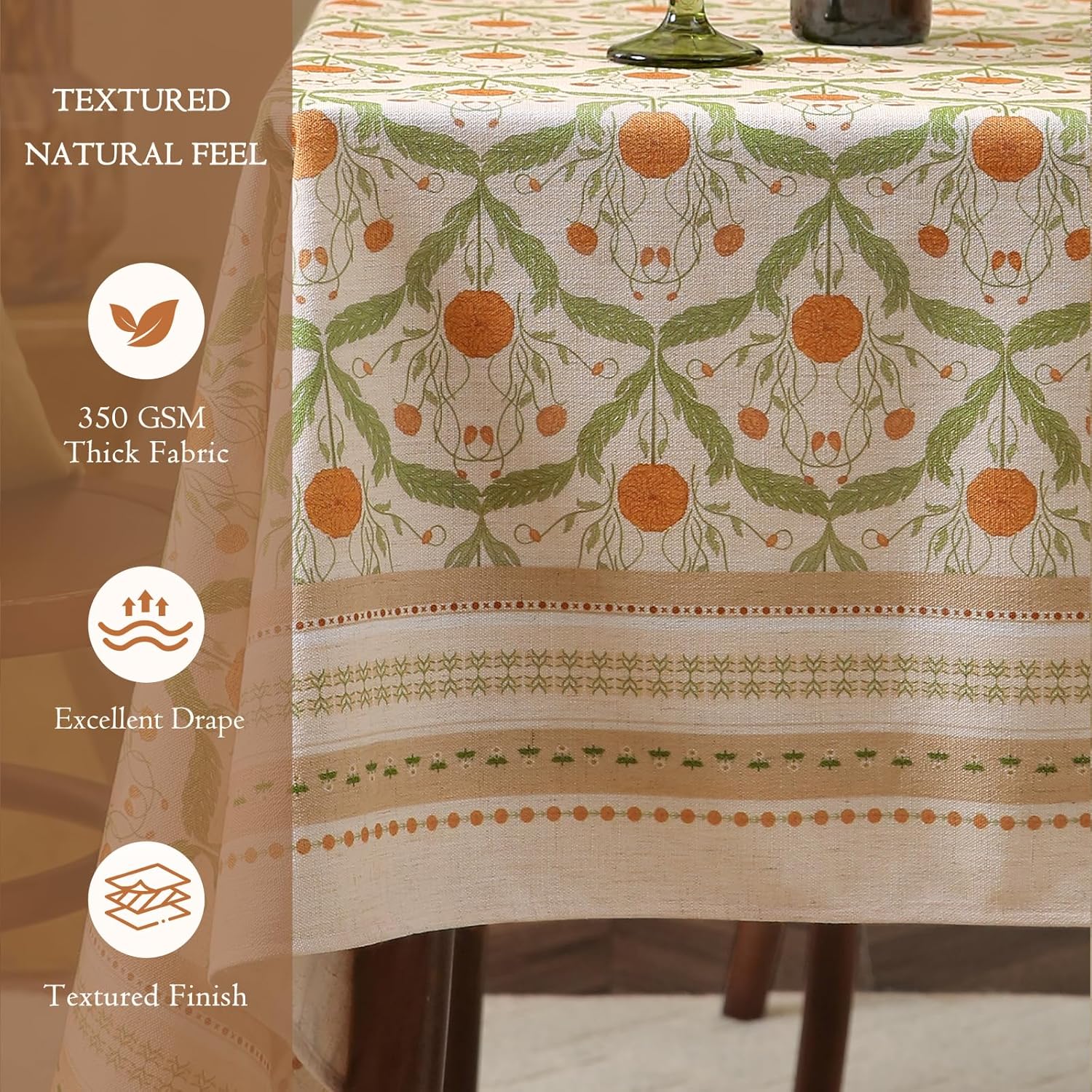 French Linen Tablecloth Rectangular, Vintage Block Print Table Cloth, Waterproof Table Cover for Picnic Dining Party Wedding, Marigold Orange, 55x71'' - Image 3