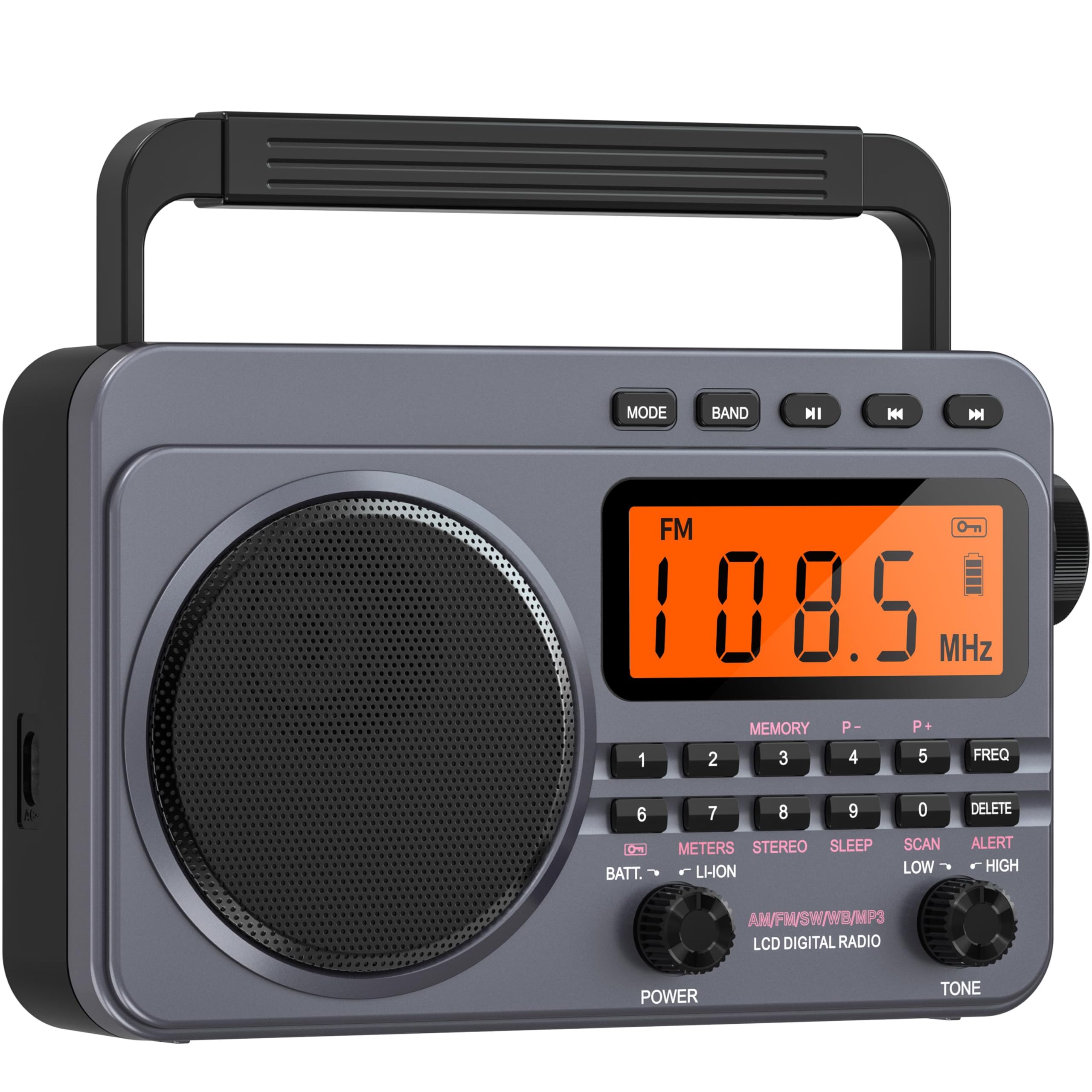 Sunoony radio displaying NOAA weather alert frequency 162.400 MHz with a flashing siren icon.