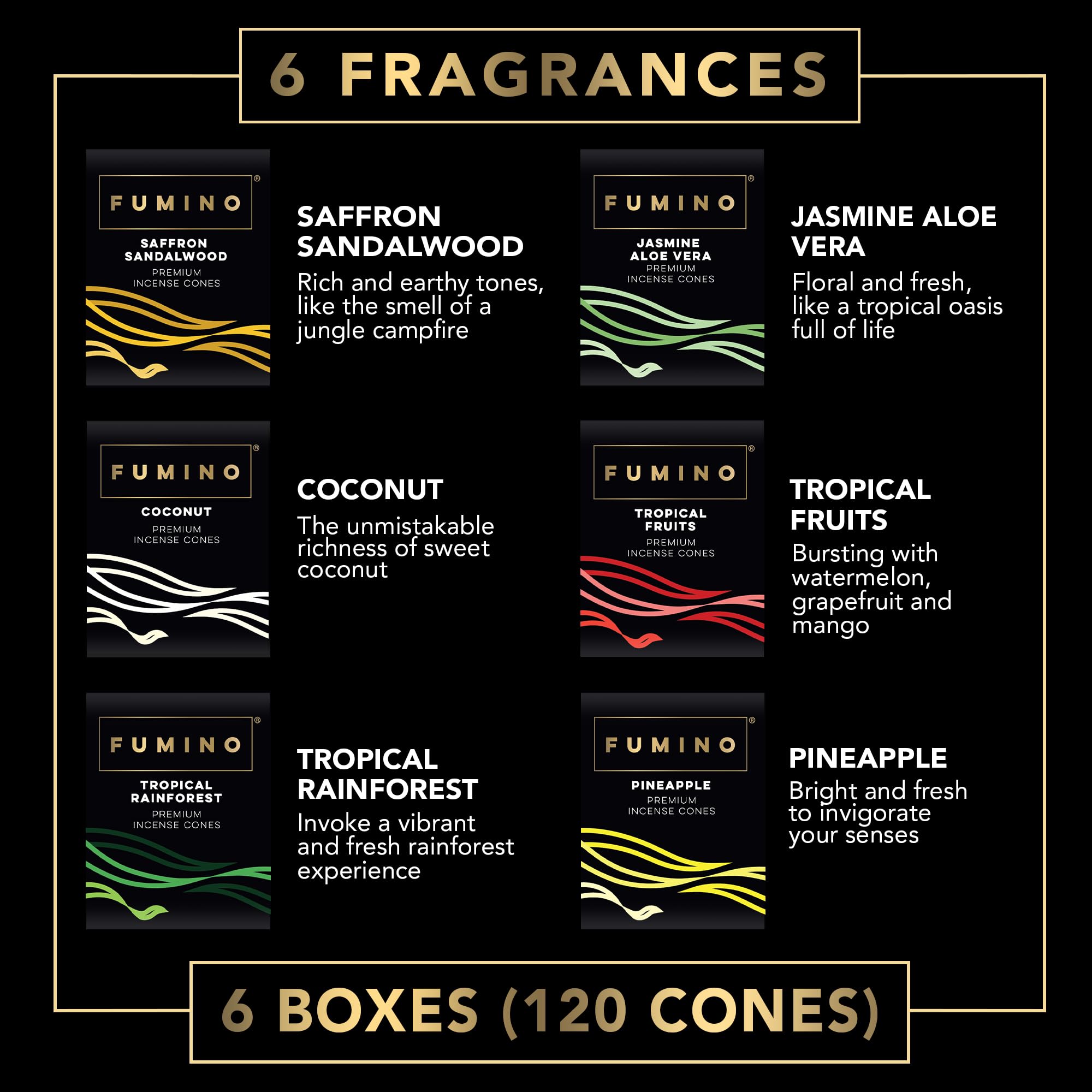 Incense Cones Fumino Fresh Multipack Tropical Tastes Bundle 6 Boxes 120 Pieces Masala Agarbatti Joss Fragrance for Relaxation and Meditation, Home and House Decor Scent
