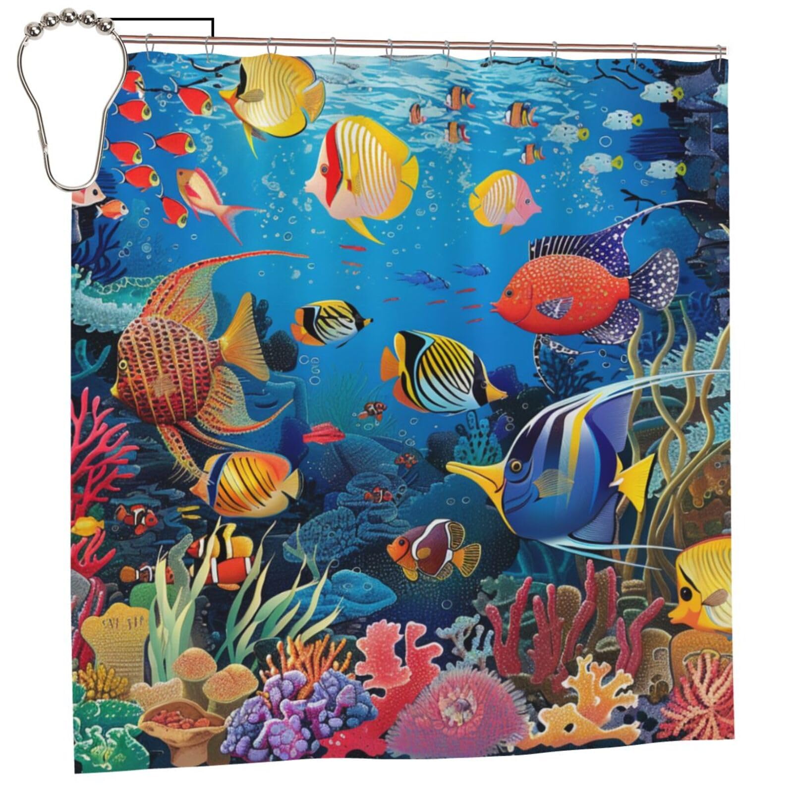 BWWHCCTI The Underwater World Tropical Fish Printed Shower Curtain With 12 Iron Hooks Opaque Quick Drying Waterproof Shower Curtains Sets For Bathroom 183x183 CM