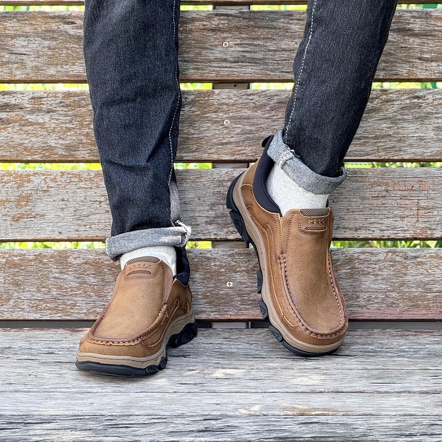 Mens Hands Free Slip On Leather Walking Outdoor Slip-Ins Loafers Work Hiking Causal Shoes - Image 6