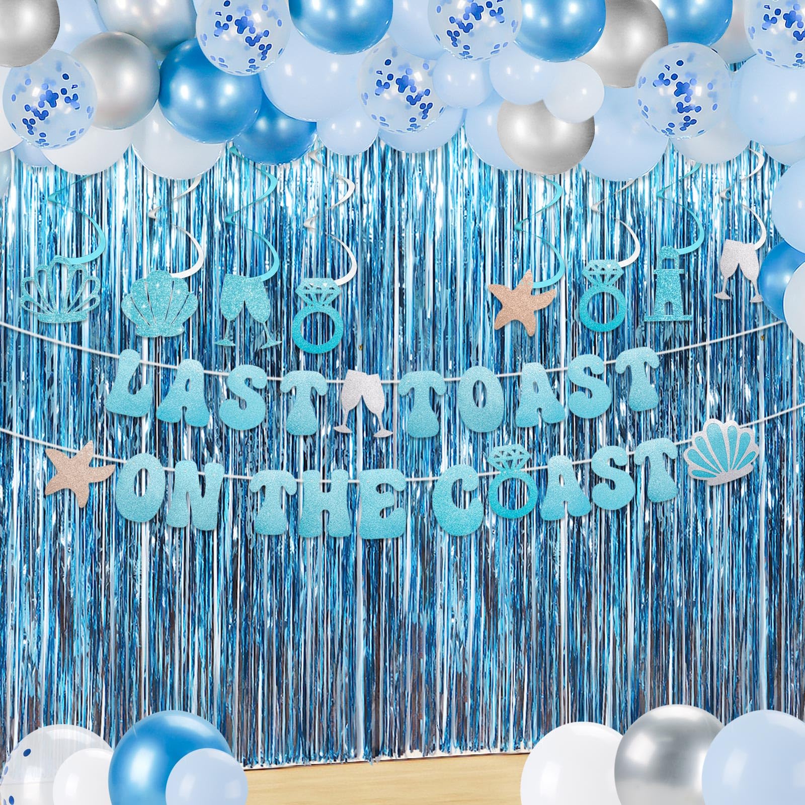 84Pcs Last Toast on The Coast Bachelorette Decorations Blue Bachelorette Party Decorations Banner Balloons Swirls Blue Fringe Foil Curtain Photo