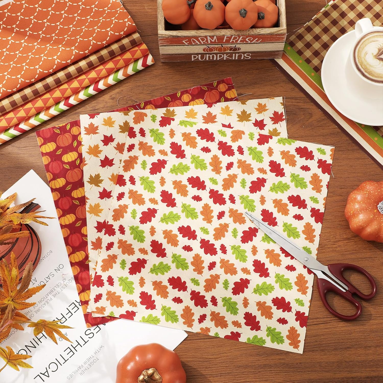 JarThenaAMCS 40Pcs Fall Cotton Fabric Bundles 10 x 10 Inch Maple Leaf Pumpkin Dot Plaid Stripe Fabric Squares Autumn Thanksgiving Sewing Fabrics for DIY Craft Party Decor