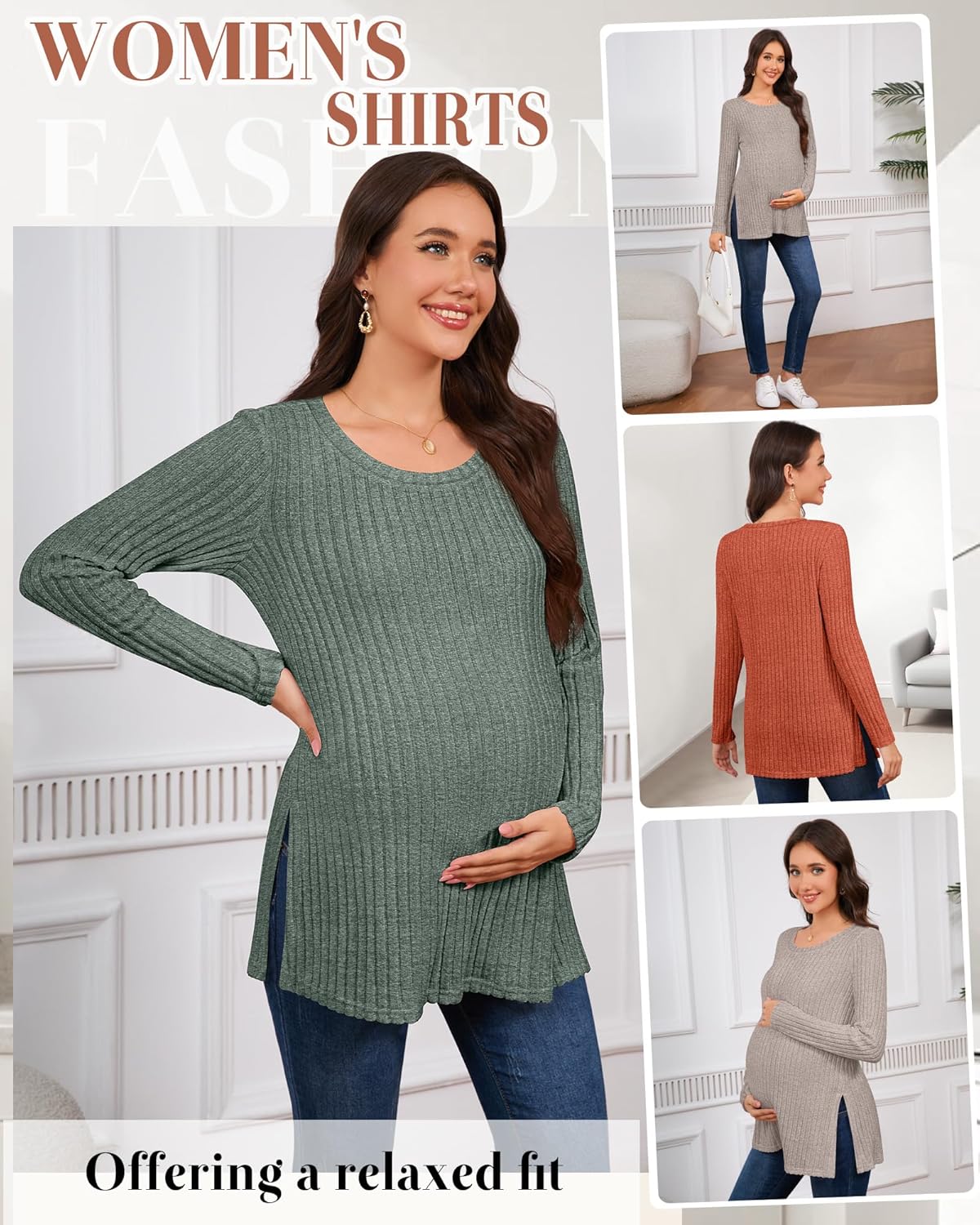 Ficerd 3 Pack Women's Maternity Shirts, Ribbed Long Sleeve Pregnancy Sweaters Crew Neck Slit Side Knit Pregnant Tunic Tee Top - Image 6
